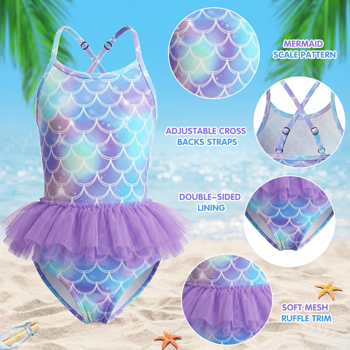 Bañador Niña, Traje de Baño de Una Pieza para Niñas 4 en 1, Ropa de Baño Sirena con Gorro, Gafas de Sol y Tatuajes, Tirantes Ajustables, Ideal para Playa y Piscina, Natación Verano