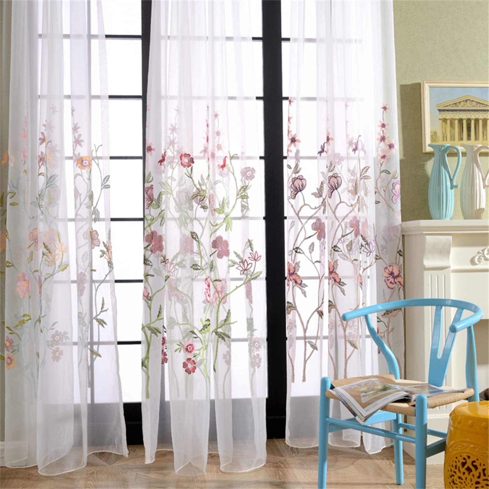 Translúcida Cortinas Visillo con Ollaos, Flor Bordada Cortina de Voile con Bordadas,Juego de 1 Cortinas, de la luz Solar Mientras Protege Algo de privacidad para salón Habitacion 1x220x270CM