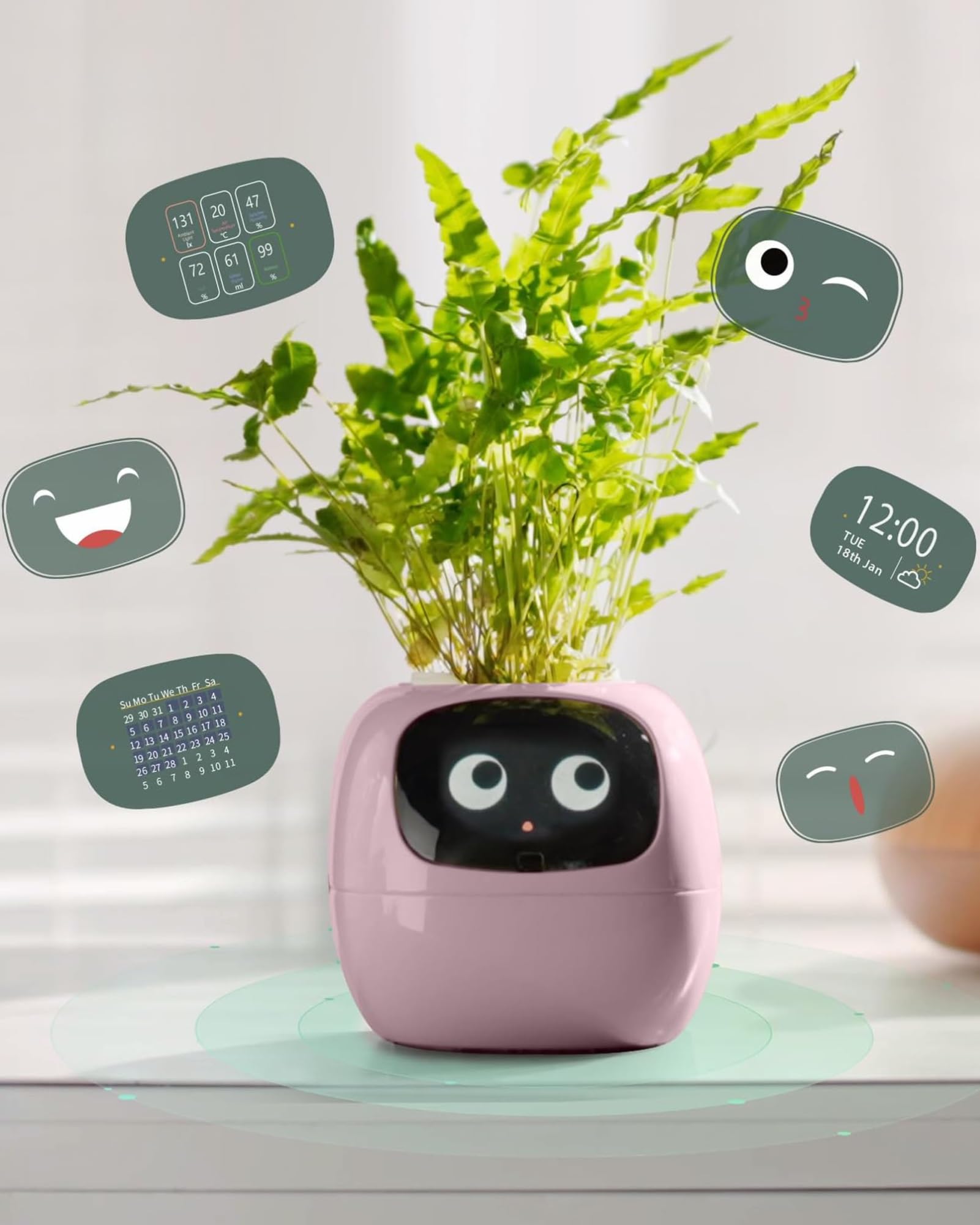 AI Smart - Vaso per piante con sensori intelligenti e display LCD, controllo tramite app, per casa, espressione intelligente, visualizzazione dell'ora e del tempo