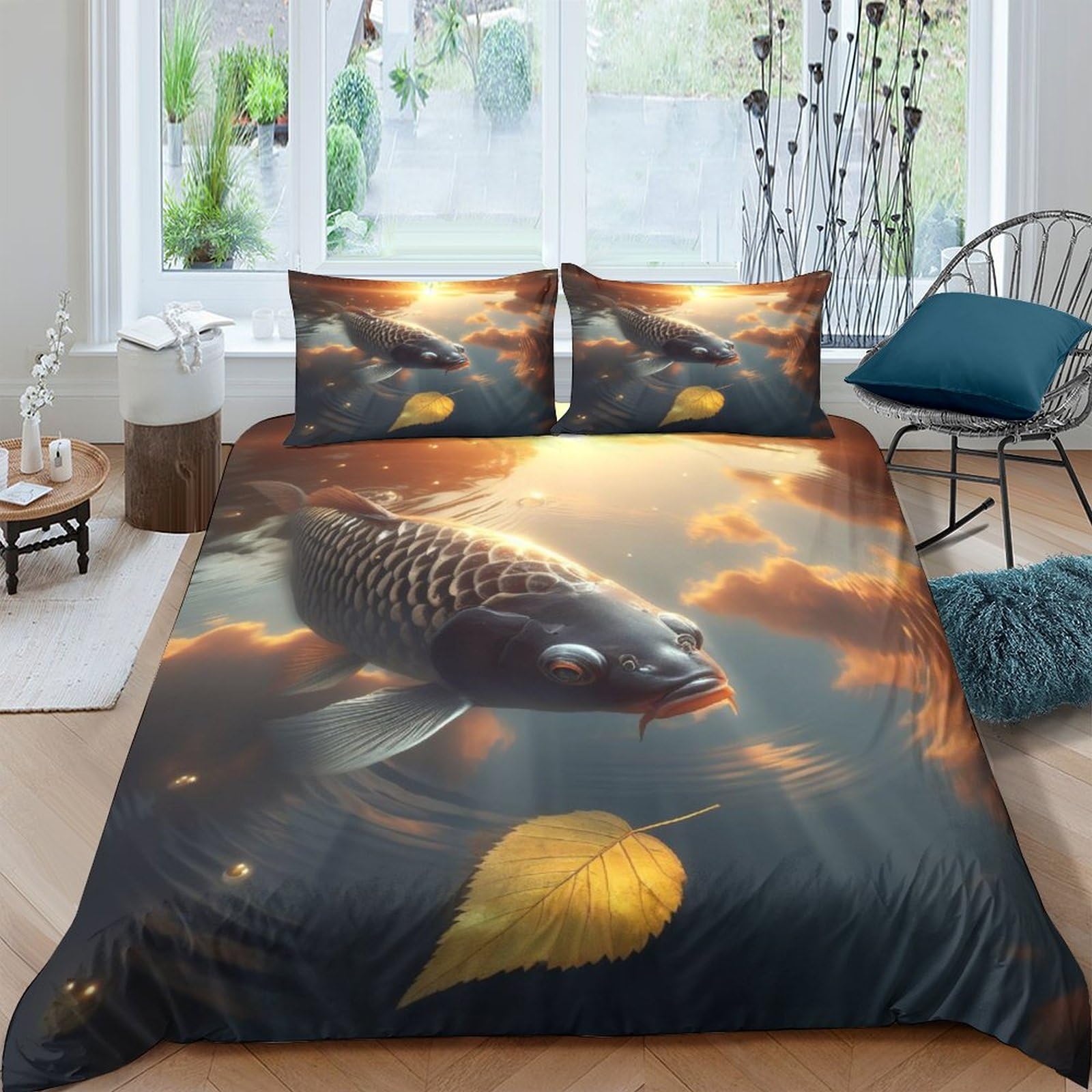 Phiree Carps 3D Print Comforter Cover Bedding with Zipper Closure Fish Duvet Cover Soft Microfiber Quilt Cover with Pillowcases for Kids Teens Adults King（220x240cm）