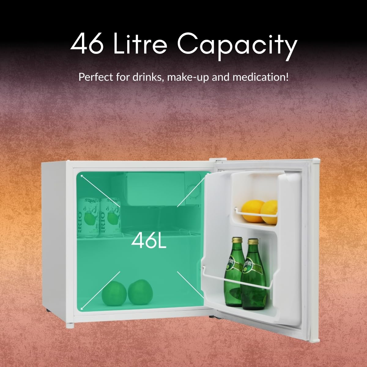 HYE Mini Fridge - Drinks Fridge, 46L Capacity, Stylish & Freestanding Design, Quiet 40 dB Operation, 47.5cm Width, White, Perfect For Bedrooms, Offices & Student Rooms - RF01MBF46W23 — view 4