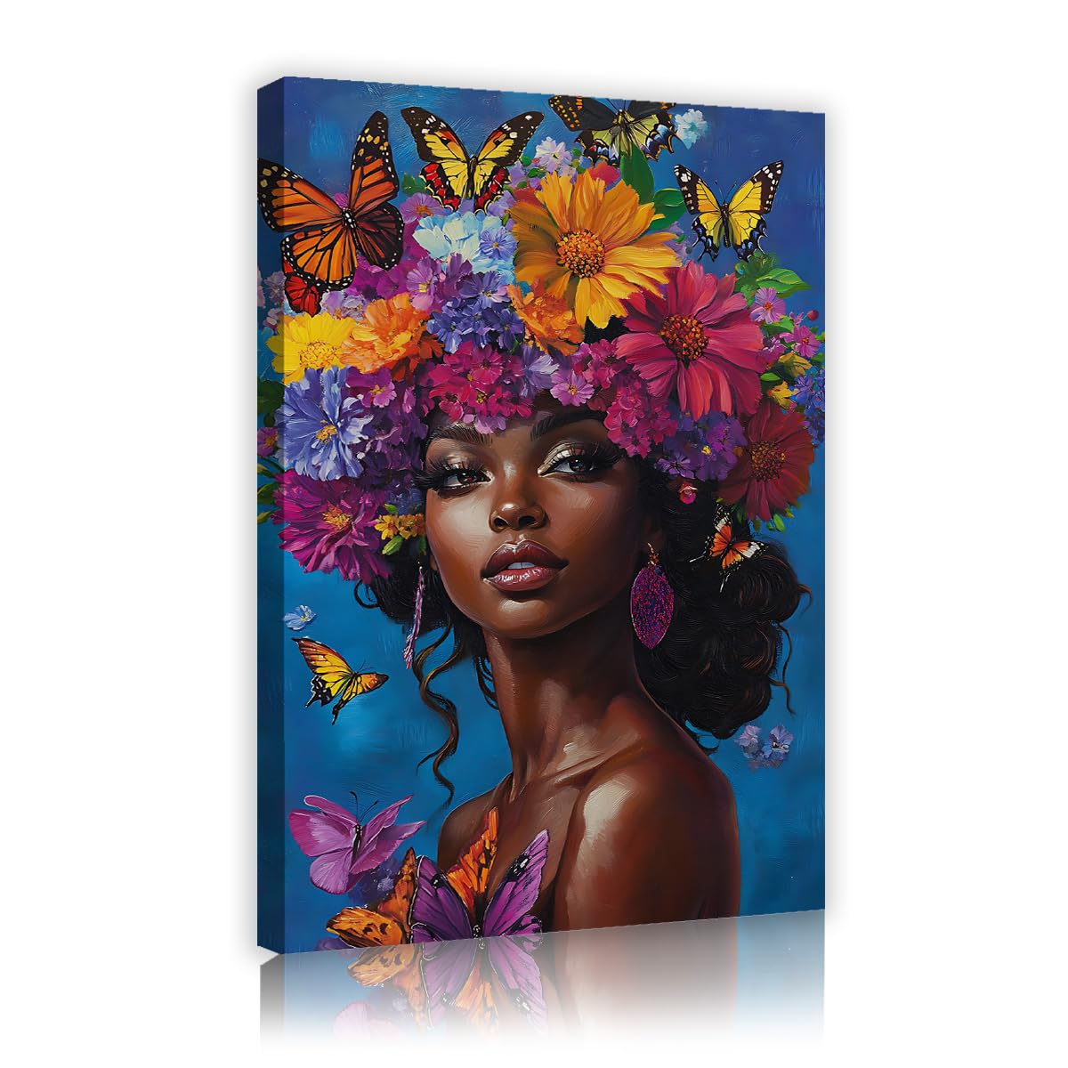 CHERHERART Beautiful Black Woman with Flower Crown Poster Canvas Wall Art Prints for Gallery Bedroom Floral Butterfly Portrait Canvas Picture 70x110cm Innerframe