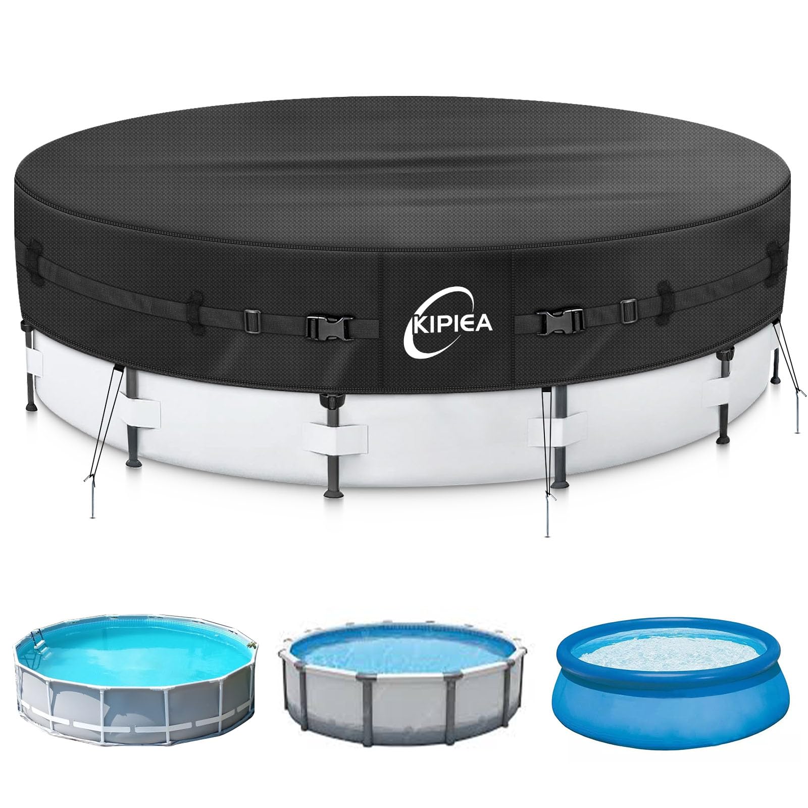 Kipiea Heavy Duty 500D 18ft Round Pool Cover for Above Ground Pools, Swimming Pool Cover with Full Circle Straps, Anti-Slip Straps and Tent Stakes,