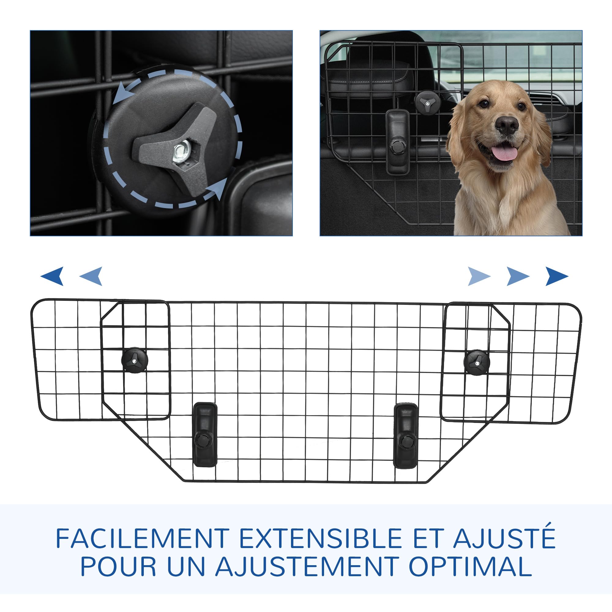 PawHut Grille de Protection Universelle pour Chien, barrière de sécurité de Voiture pour Chiens Largeur Ajustable 90 à 120 cm Facile à Installer sur la Plupart des Voitures SUV, Noir