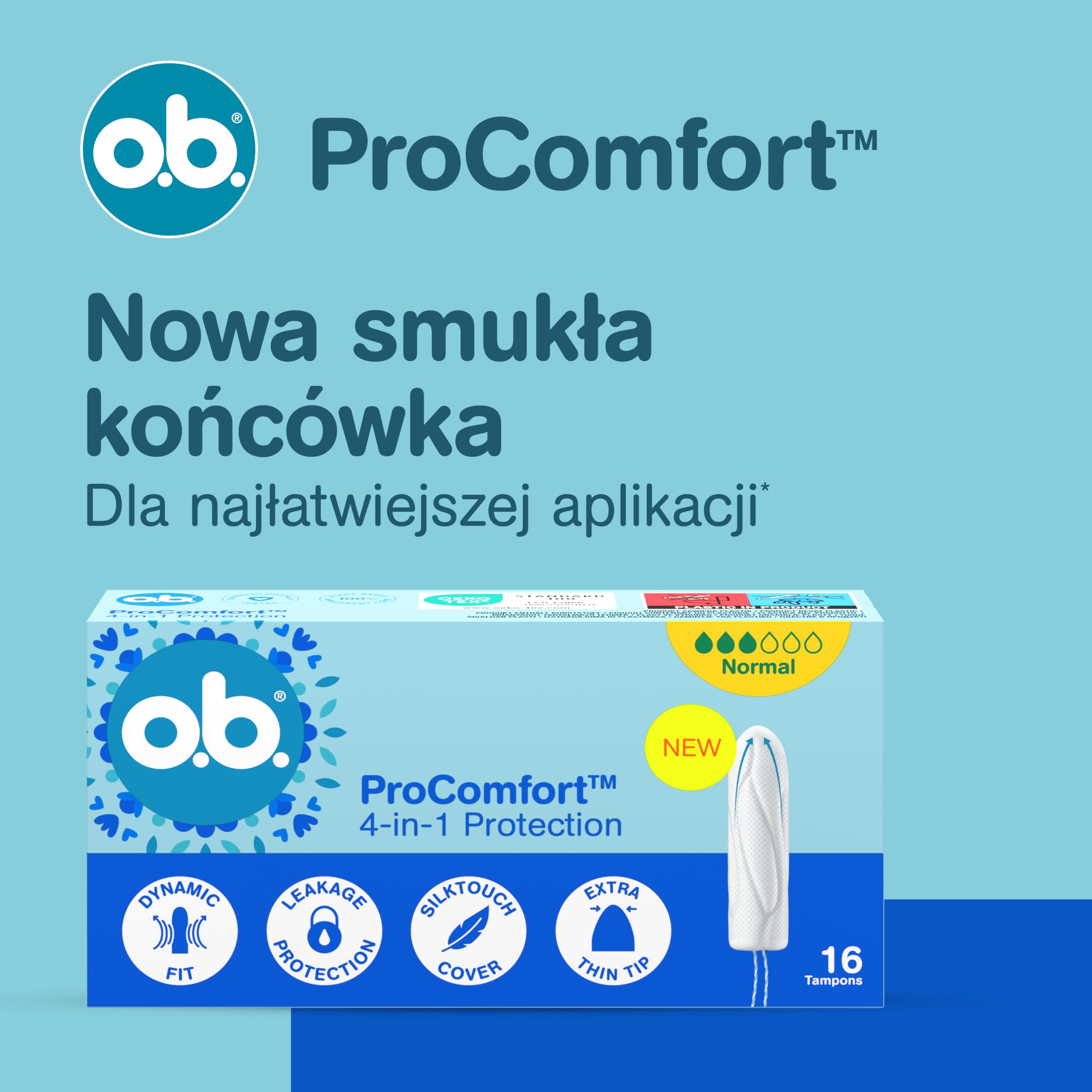 o.b. ProComfort Normal Tampony Zestaw 6x16 szt. NOWOŚĆ, Łatwa aplikacja i usuwanie tamponu, Na średnie lub mocne krwawienie, Wnętrze tamponu wykonane w 100% z materiałów pochodzenia roślinnego