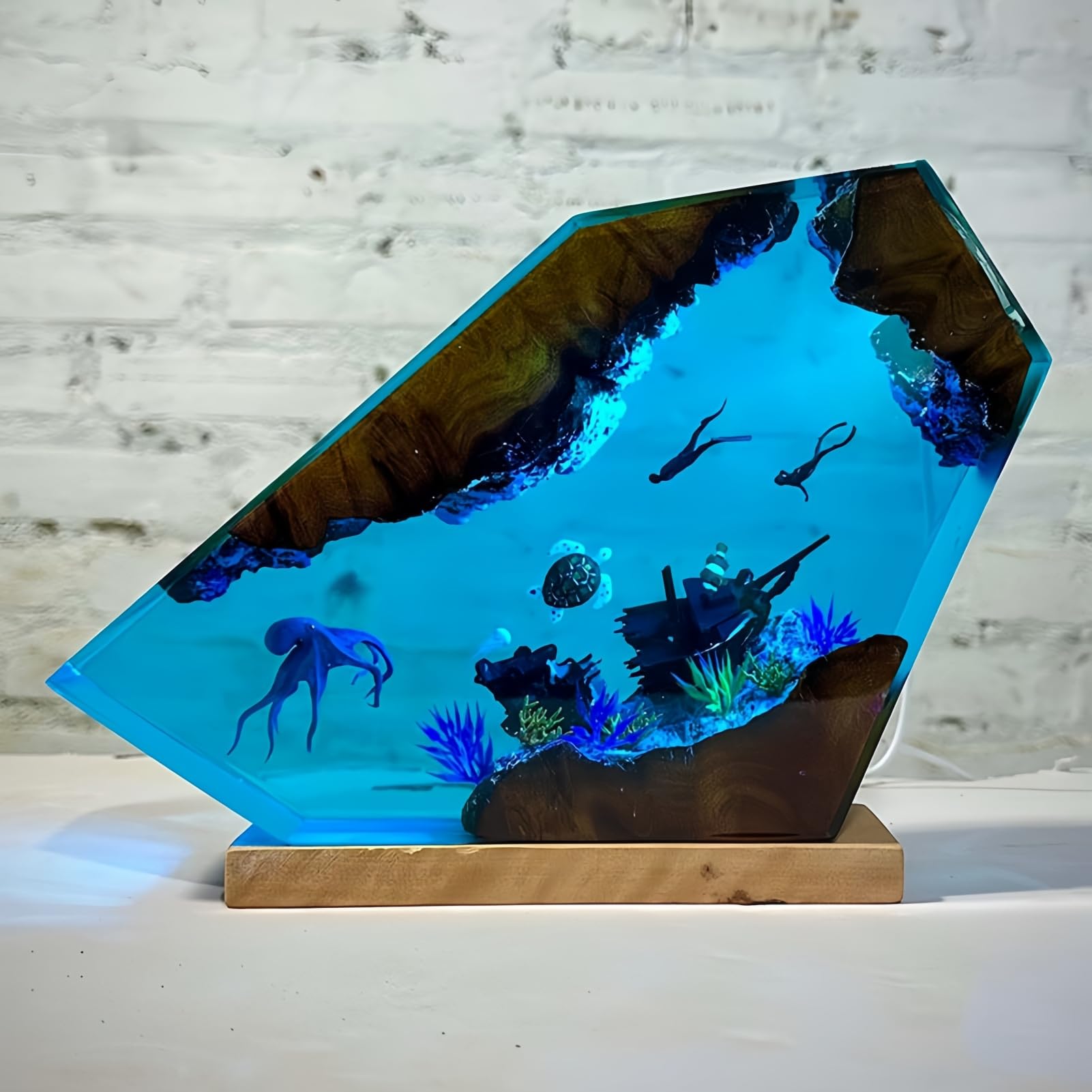 Drawelry 3D Océano Lámpara De Resina Epoxi Adornos Con Madera Base Cable USB Escritorio Luz Nocturna LED Ballena Tiburón Buceador Figuras Mundo Submarino Decoración Navidad Cumpleaño Regalos (C8, S