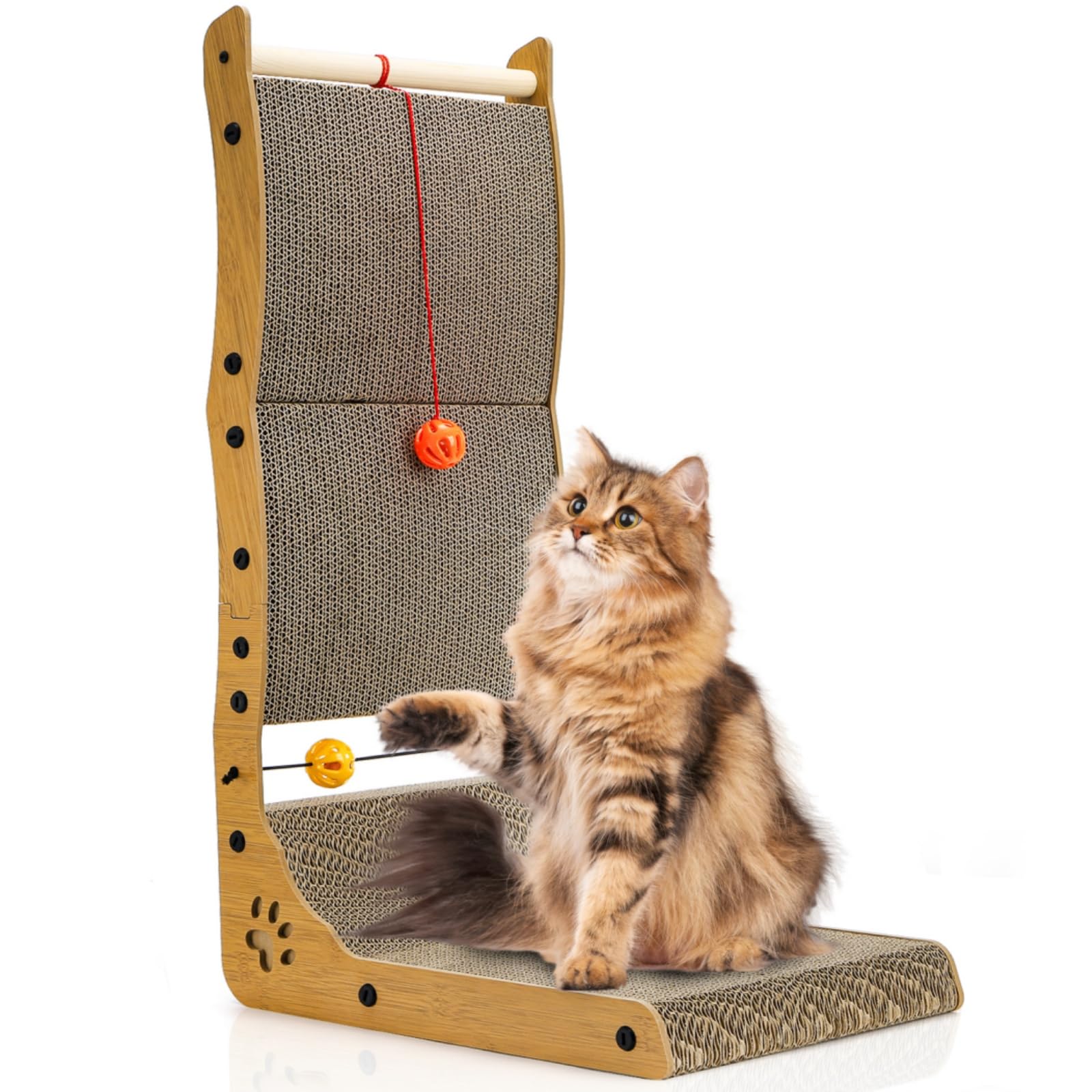 Pumtus L Shape Cat Scratcher, 68cm Vertical Cat Scratching Board with Ball Toy, Large Wall Mounted Curving Scratching Ramp, Tall Standing Cat Scratch Pad, Wall Furniture Protector for Indoor Cats