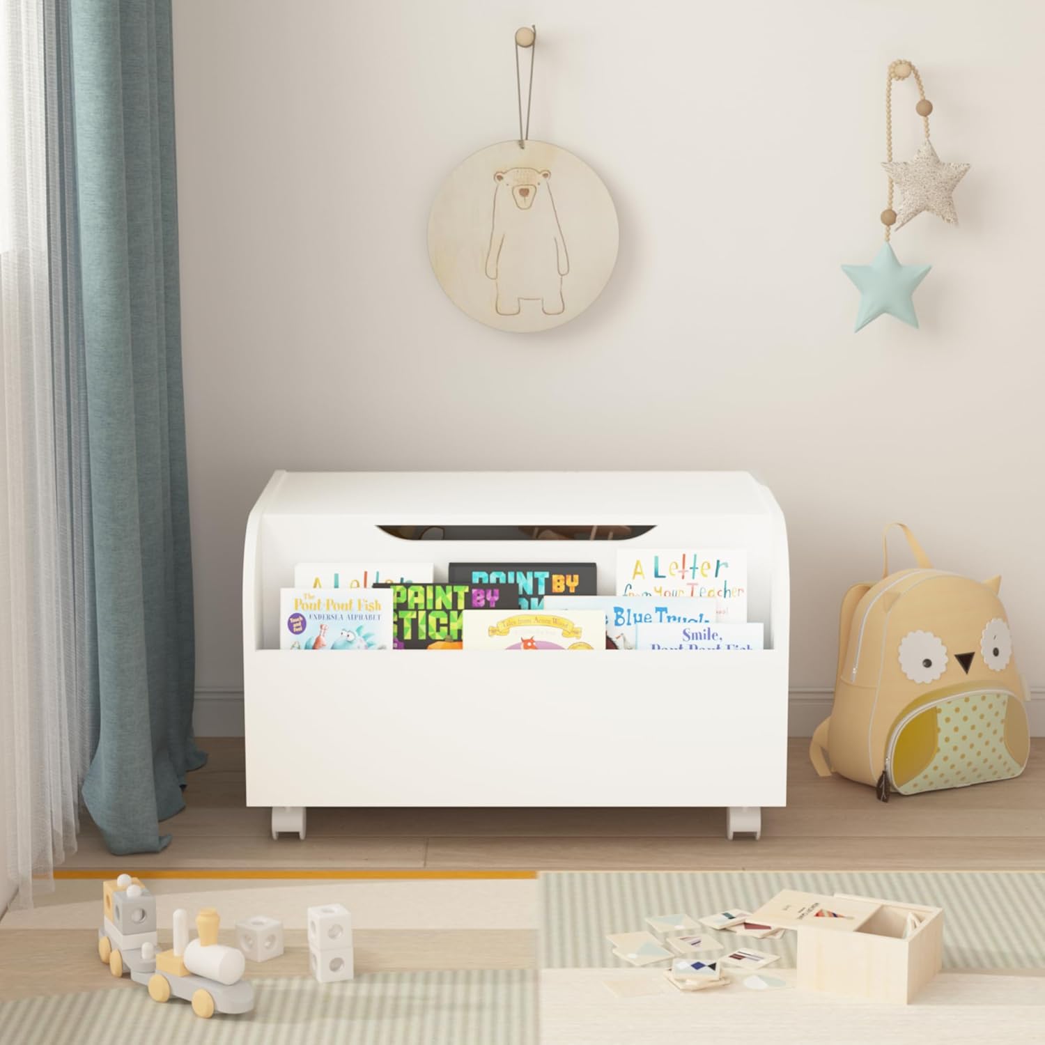 Wooden Box with Front Bookshelf & 4 Universal Wheels, Kids Storage Box Organizer & Bench with Flip-Top Lid and Safety Hinge, Side Handles for Kids Room, Montessori Classroom Furniture White