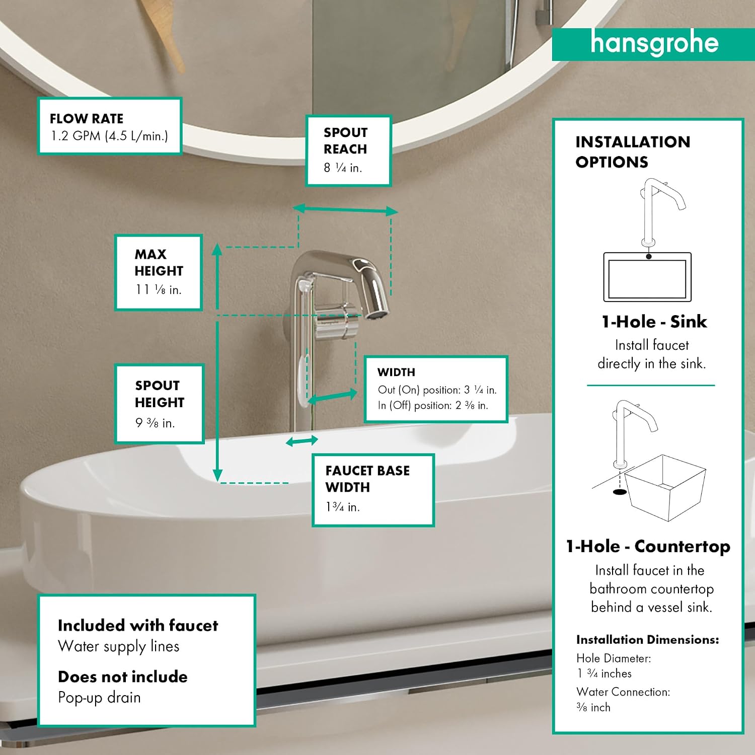 hansgrohe Tecturis S 1-Side Handle 1-Hole Bathroom Sink Faucet in Chrome, 73372001
