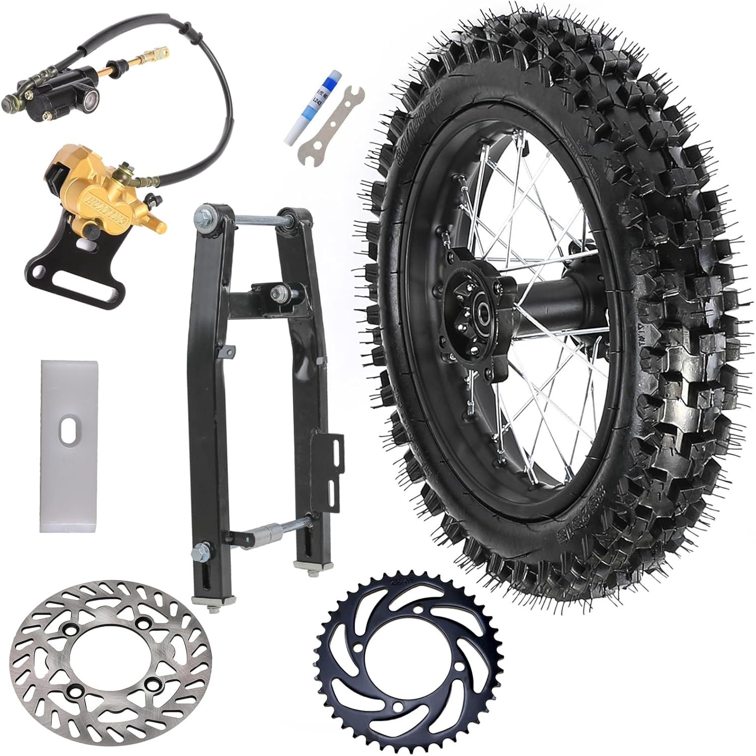 12" Rear Wheel 80/100-12 3.00-12 Tire and Rim 12mm Bearing, with Swing Arm Kit and Brake Disc Assembly for Pit Dirt Bike Scooter Apollo Taotao Coolster SSR 90cc 110cc 125cc 140cc Off Road