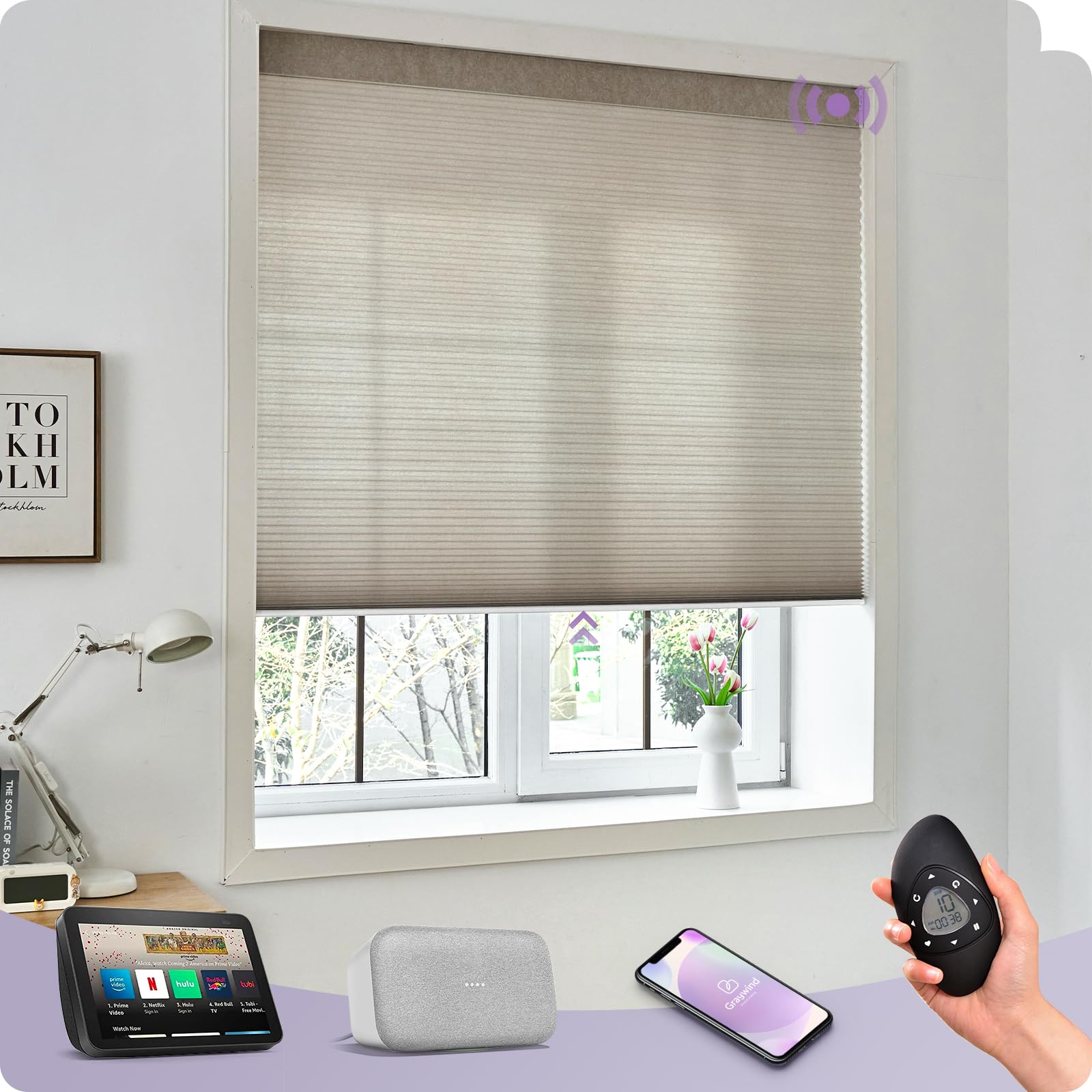 Graywind Custom Smart Cellular Shades 60% Blackout Compatible with Alexa Google 5/8" Single Cell Rechargeable Motorized Honeycomb Window Shades Remote