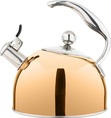3-Ply Stainless Steel Tea Kettle, 2.6 Quart Stovetop Hot Water Pot with Tempered Glass Lid, Ergonomic Handle, Induction Ready, Rose Gold