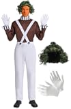 Men's Factory Worker Costume - 4 Piece Set with Overalls, Shirt, Wig & Gloves - Chocolate Candy Outfit