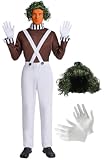 Men's Factory Worker Costume - 4 Piece Set with Overalls, Shirt, Wig & Gloves - Chocolate Candy Outfit