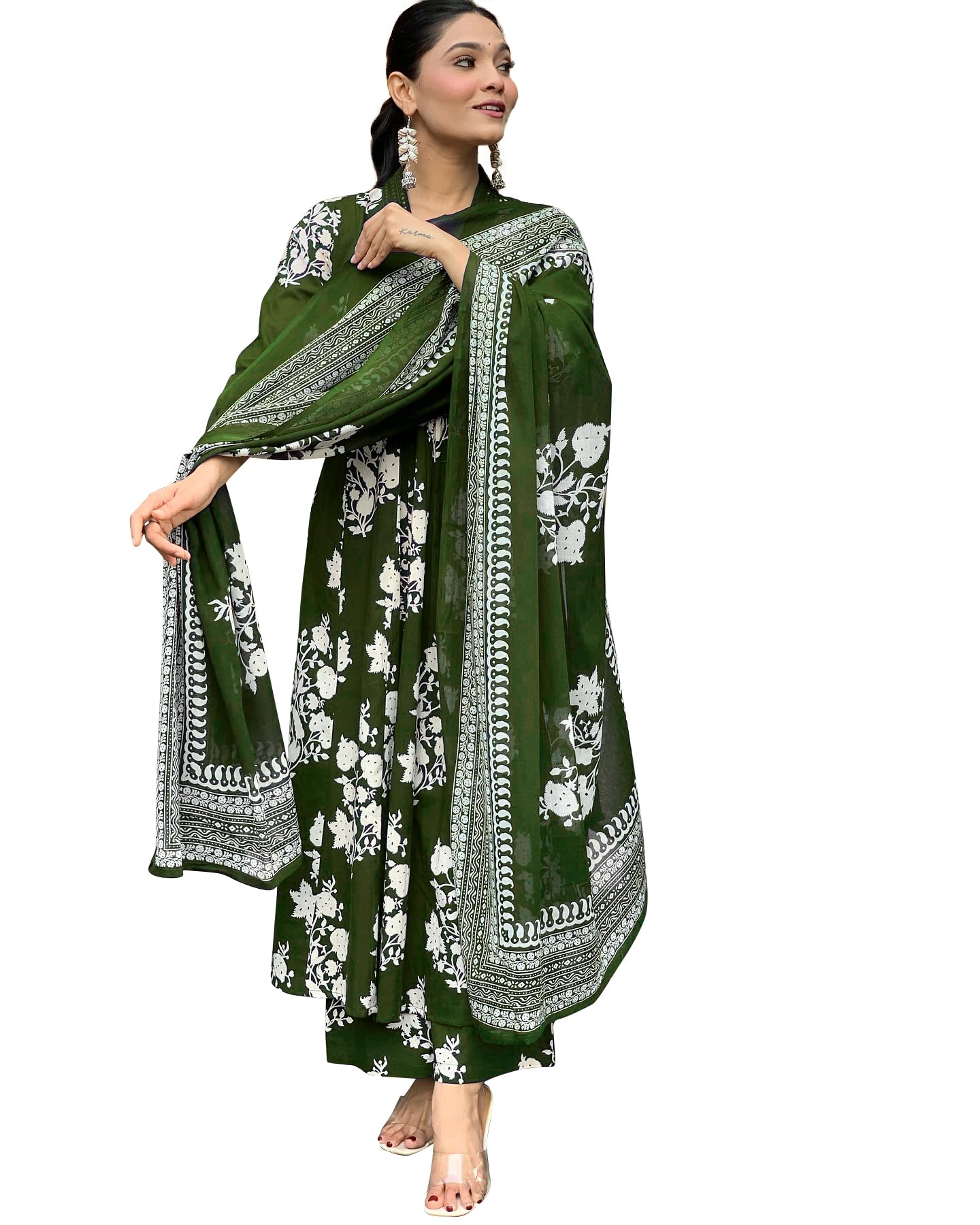 Toochki Dress For Women | Kurta Pant And Dupatta Set |Floral Printed Ethnic Dress | Three Piece Embroidered Dress | Ethnic Dress Suit Set For Women | Olive Green Dress (Tkcbl-Mu-329-Og-Etd $Parent)