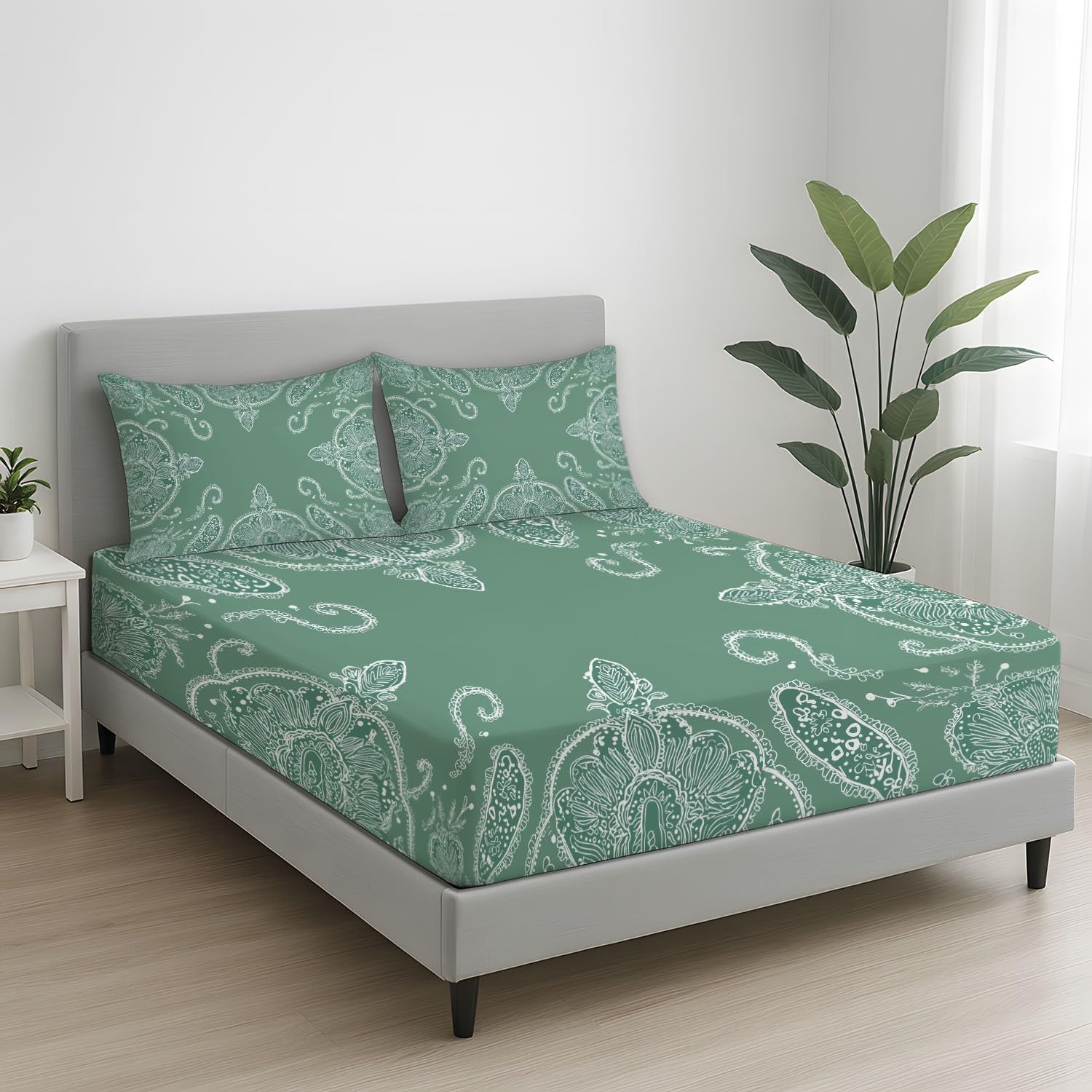 Sabana Bajera 160 x 200 cm 3 Piezas + 2 Fundas 50 x 75 cm, Se Adapta a Colchones de hasta 30 cm, Microfibra Suave, Transpirable, Antiarrugas, Verde, Arte Linee Motivo