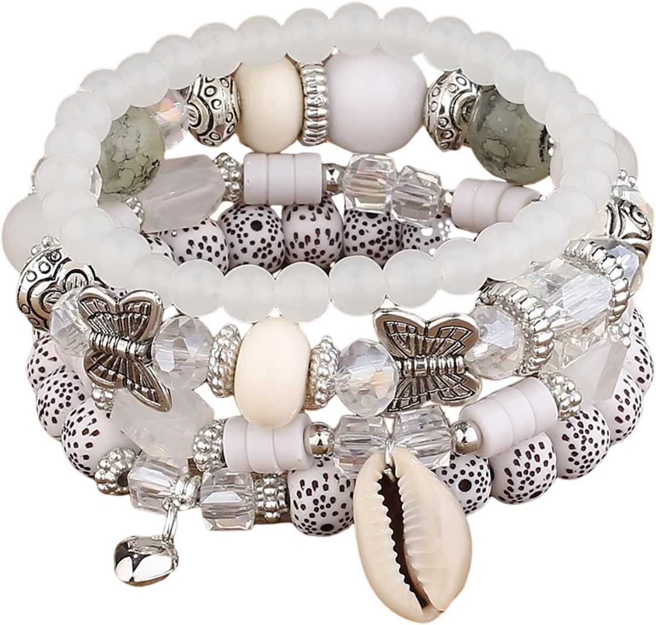 4Pcs Set Bohemian Butterfly Crystal Stone Stretch Pendant Bracelets for Women Gold Beaded Stackable Stretch Bracelet Colorful Charm Jewelry Boho Summer Beach