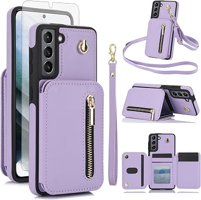 Phone Case for Samsung Galaxy S21 Plus S21+ 5G RFID Wallet Cell Cover with Tempered Glass Screen Protector Crossbody Strap Card Holder Slot Stand S21+5G S21plus 21S + S 21 21+ G5 Women Men Purple