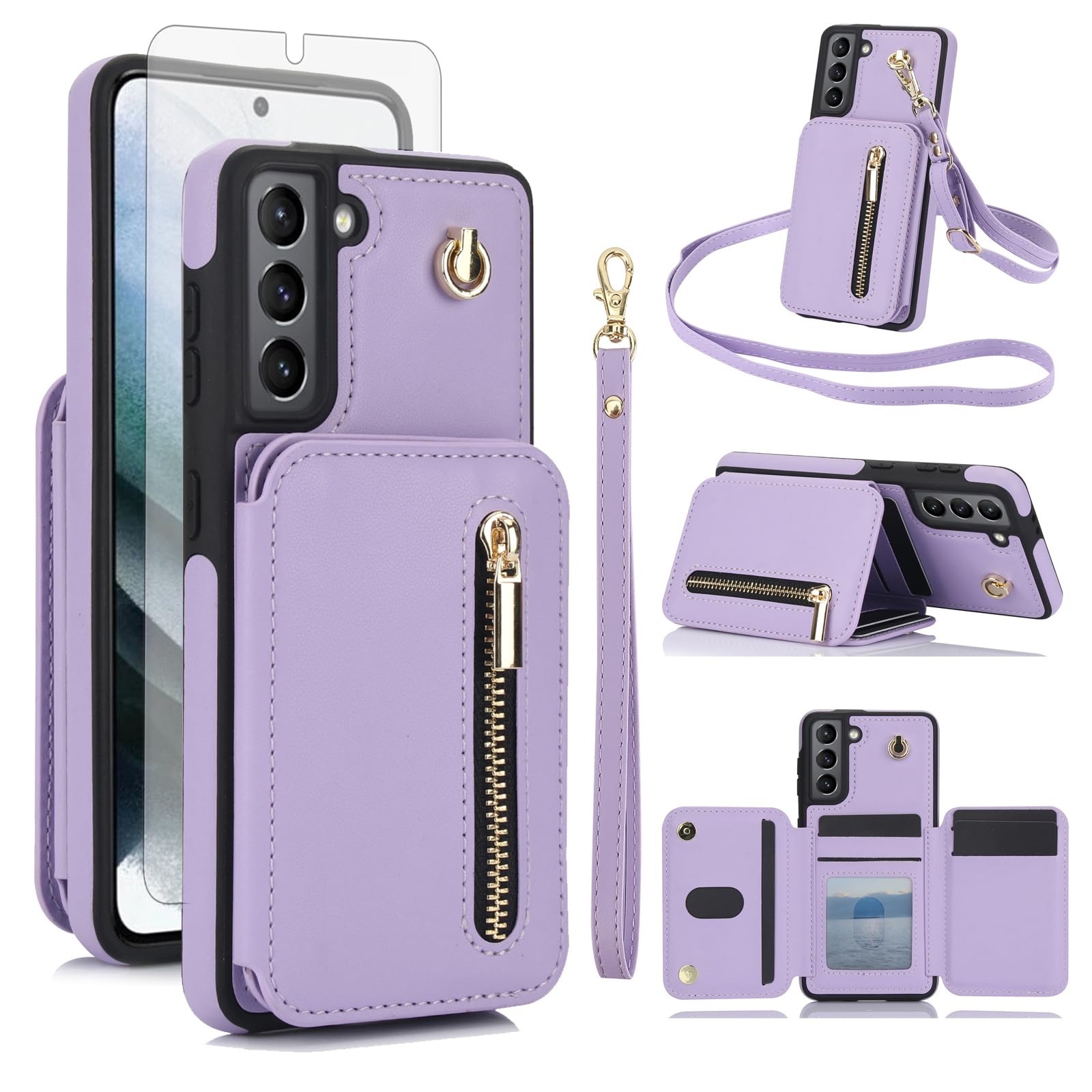 Asuwish Phone Case for Samsung Galaxy S21 5G 6.2 inch RFID Wallet Cell Cover with Tempered Glass Screen Protector Crossbody Strap Credit Card Holder