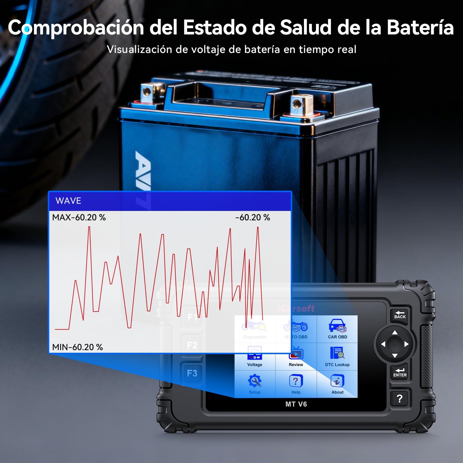 iCarsoft MT V6 para Triumph Moto, Herramienta de Diagnosis de Sistema Completo hasta 53 Servicios hasta 55 Pruebas Activas Lector de códigos de Motor Prueba de batería y actualización de por Vida