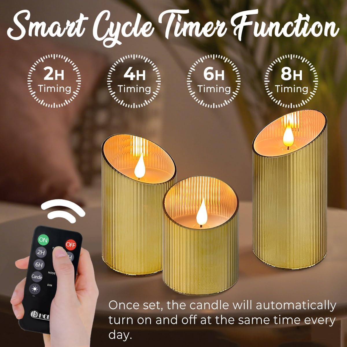 Rechargeable Flameless Candle, Flickering LED Pillar Glass Fake Candle with Remote and Timer, Built-in Battery Real Wax Electronic Candle for Room Decoration, Set of 3