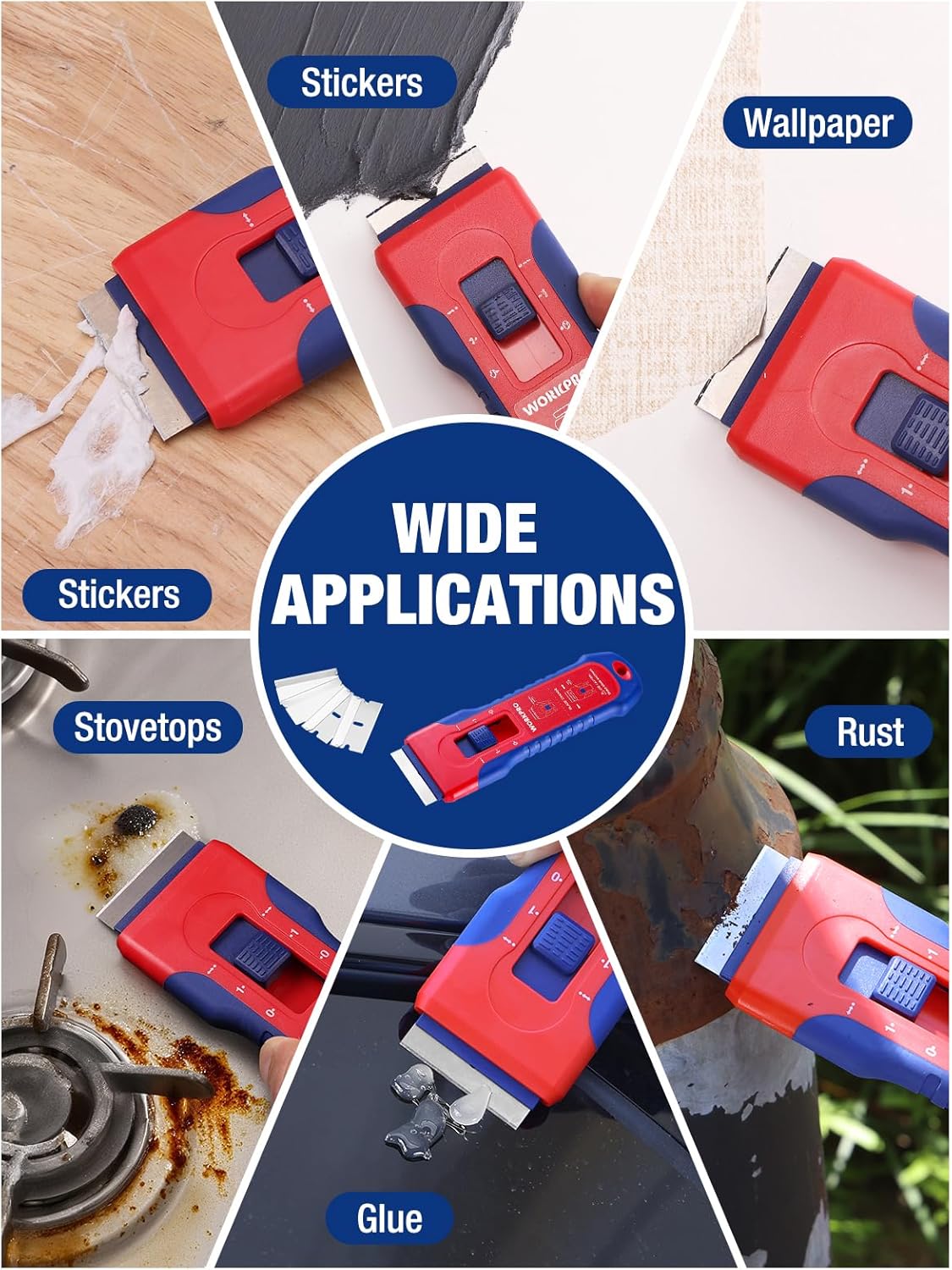 WORKPRO Retractable Razor Blade Scraper with 56 Blades, Built-in Storage Cleaning Scraper Tool for Paint Stickers Adhesive Glass Ceramic Wood