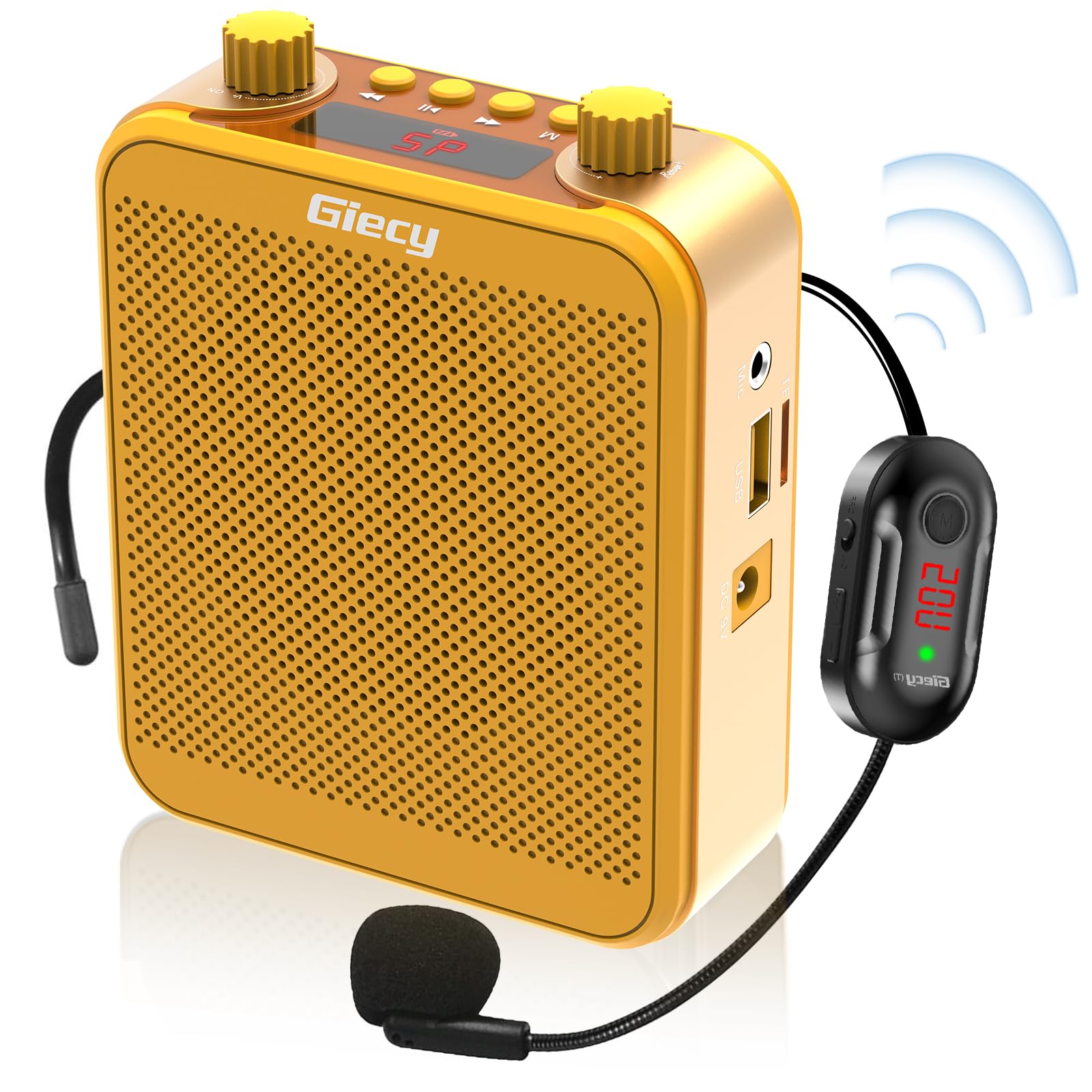 Amplificador de Voz Portátil con Micrófono Inalámbrico UHF, Batería de 2800mAh, ReproductorTF/USB, Radio FM y Grabador para Profesores, Tours y Eventos(Amarillo)