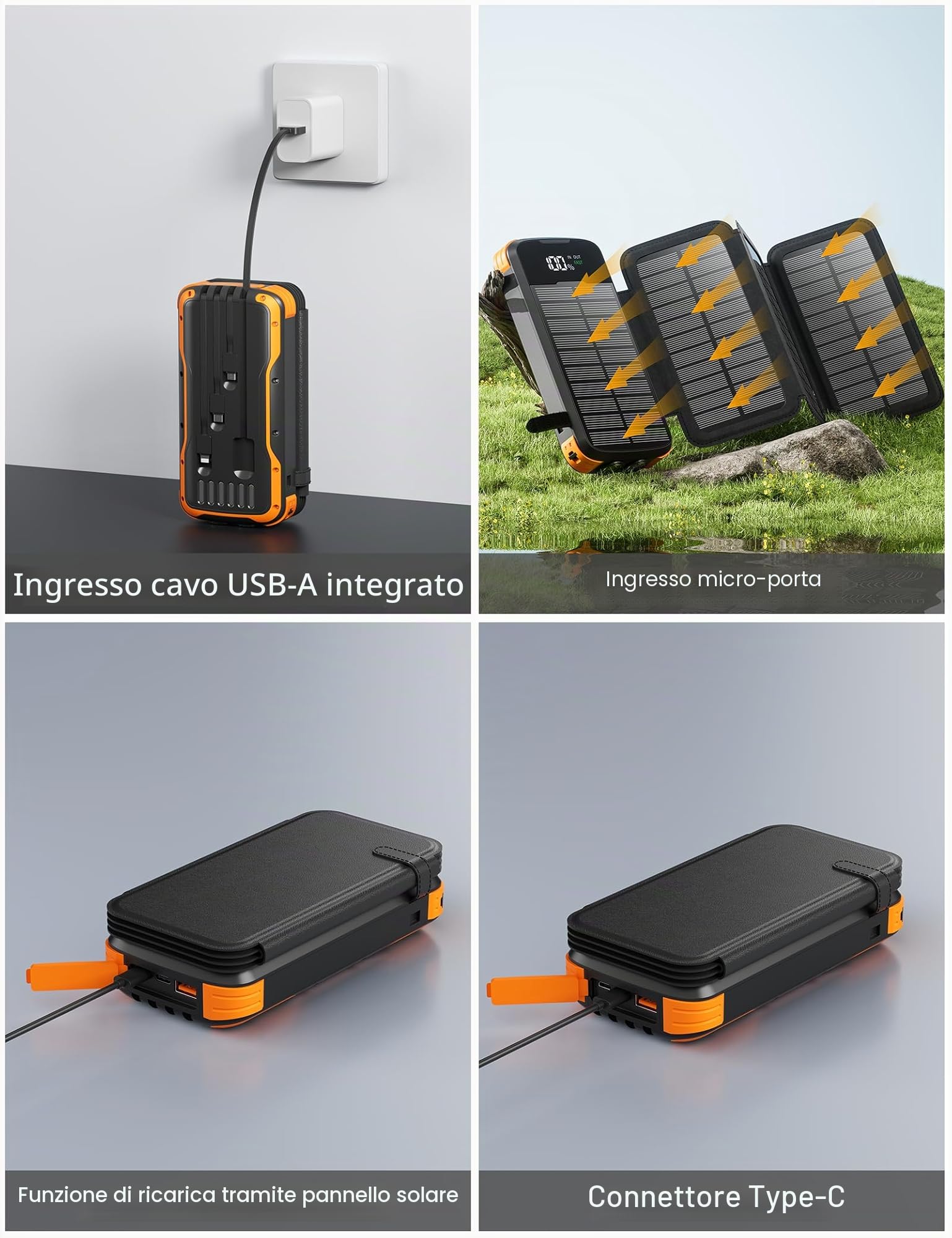 Power Bank Solare, 20000mAh Caricatore Portatile con 4 Caricatori Esterni Pieghevoli a Pannello Solare, 4 Cavi Integrati, Batteria Esterna della Banca di Energia Solare USB C con 2 Torce a LED