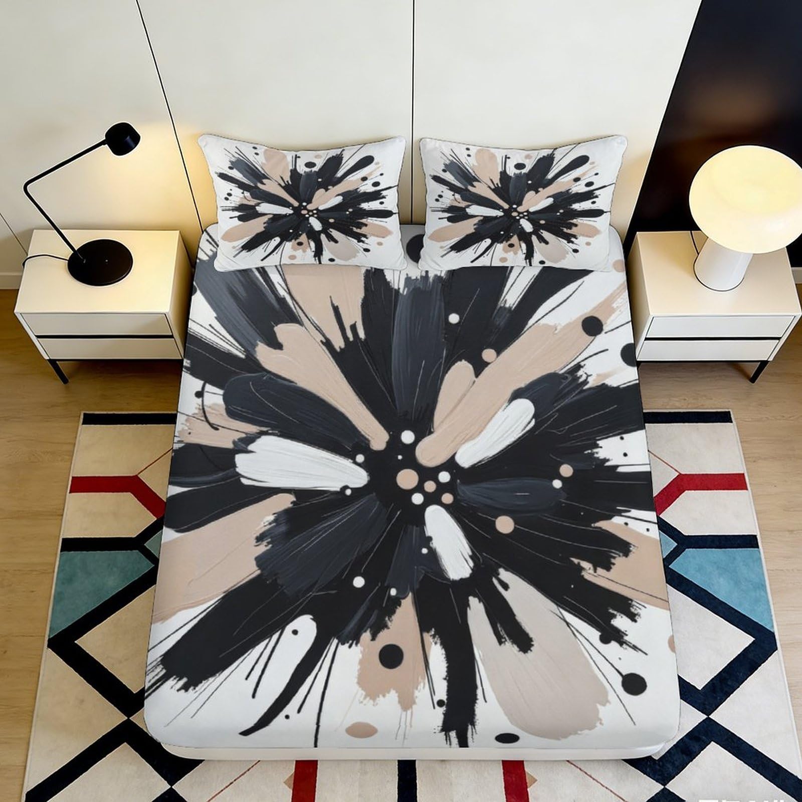 Pnayamiorkfel Style-2 3D Printed Abstract Splash Fitted Sheet Microfiber Black Beige Artistic Mattress Cover For Bedroom Guest Room Easy Care 90X200x25cm
