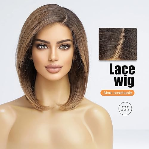 Miniatura 2 de HAIRCUBE Peluca de encaje de color marrón degradado para mujer peluca de cabello sintético corto en capas con raíces oscuras