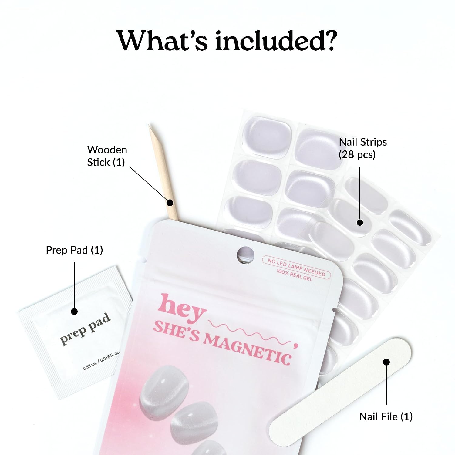 Heyhae Semi Cured Gel Nail Strips | No LED Lamp Needed | Silver, Cat eye | Easy Apply & Remove, Salon Quality | Includes 28 Strips, 2 Prep Pads, Nail File & Wooden stick - Hey, She's Magnetic