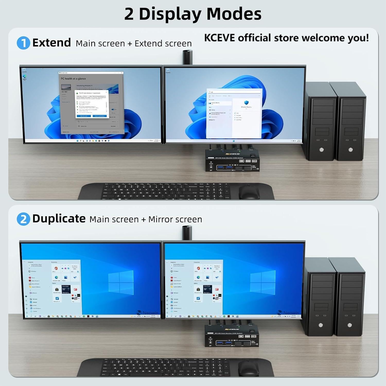 8K KVM Switch 2 Monitors 2 Computers Displayport HDMI, Dual Monitor USB 3.0 DP KVM Switcher Supports 8K@60Hz for 2 Computers Share Keyboard, Mouse and Monitor
