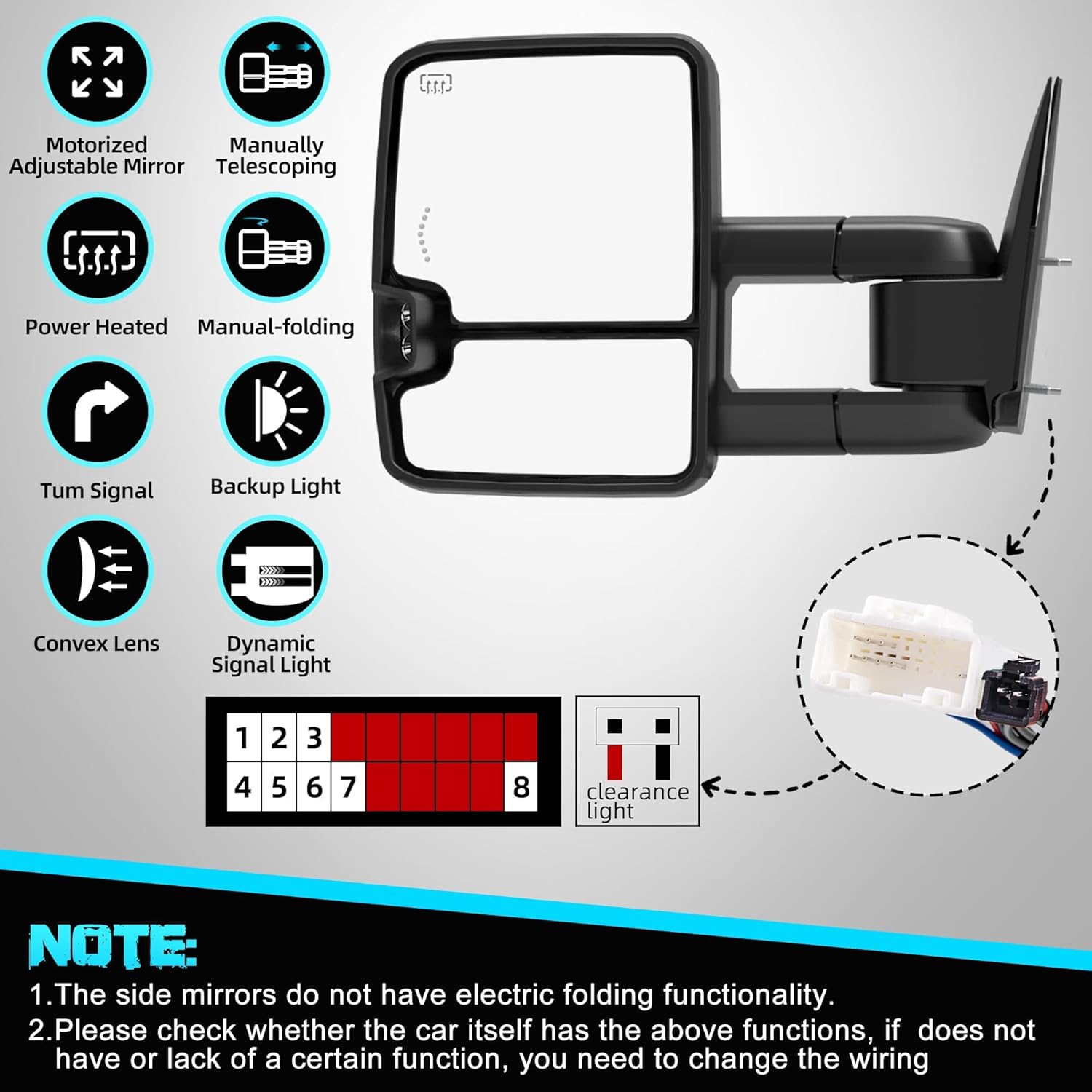 Smoked Lens Sequential Signal Tow Mirrors Compatible with 2007-2021 Toyota Tundra & 2008-2017 Toyota Sequoia, Heated Extended Trailer Towing Side Mirror w/Backup Light(w/o BSM), Black Housing