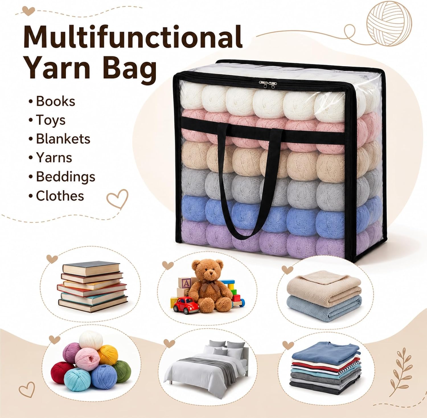 Yuanan 5 Pack Clear Yarn Storage Bags - 4 Large Crochet Organizer Bags