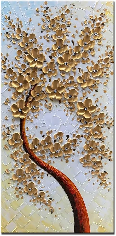 Hand Painted Canvas Wall Art Modern Vertical Art Gold Flowers Oil Painting Floral Wall Pictures Stretched and Framed Artwork for Living Room Bedroom Wall Decor(20X40 inch)