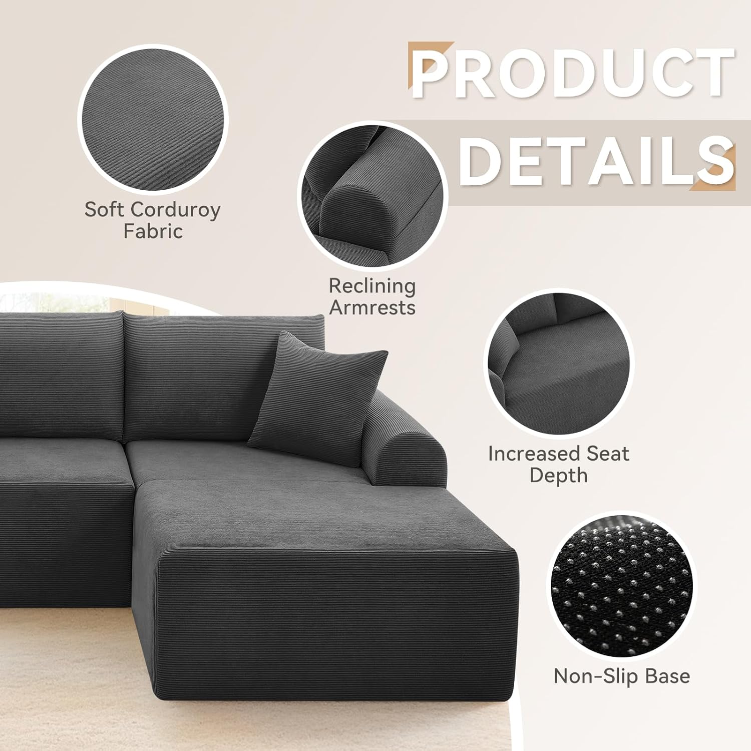 Modular Sectional Sofa with Chaise, Cloud Sectional Couch with Deep Seat, Modular L-Shape Sofa Corduroy Boneless Couch for Living Room,Bedroom,No Assembly Required(Deep Gray, Right Facing Chaise)