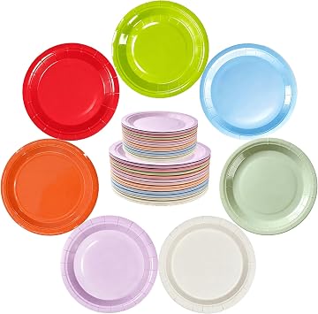 140 Pcs Colorful Paper Plates Set, 70Pcs 9 Inch Disposable Plates& 70Pcs 7 Inch Dessert Plates, Rainbow Cake Plates Bulk Decors Party Supply for Birthday Party, Dinner Table, Wedding