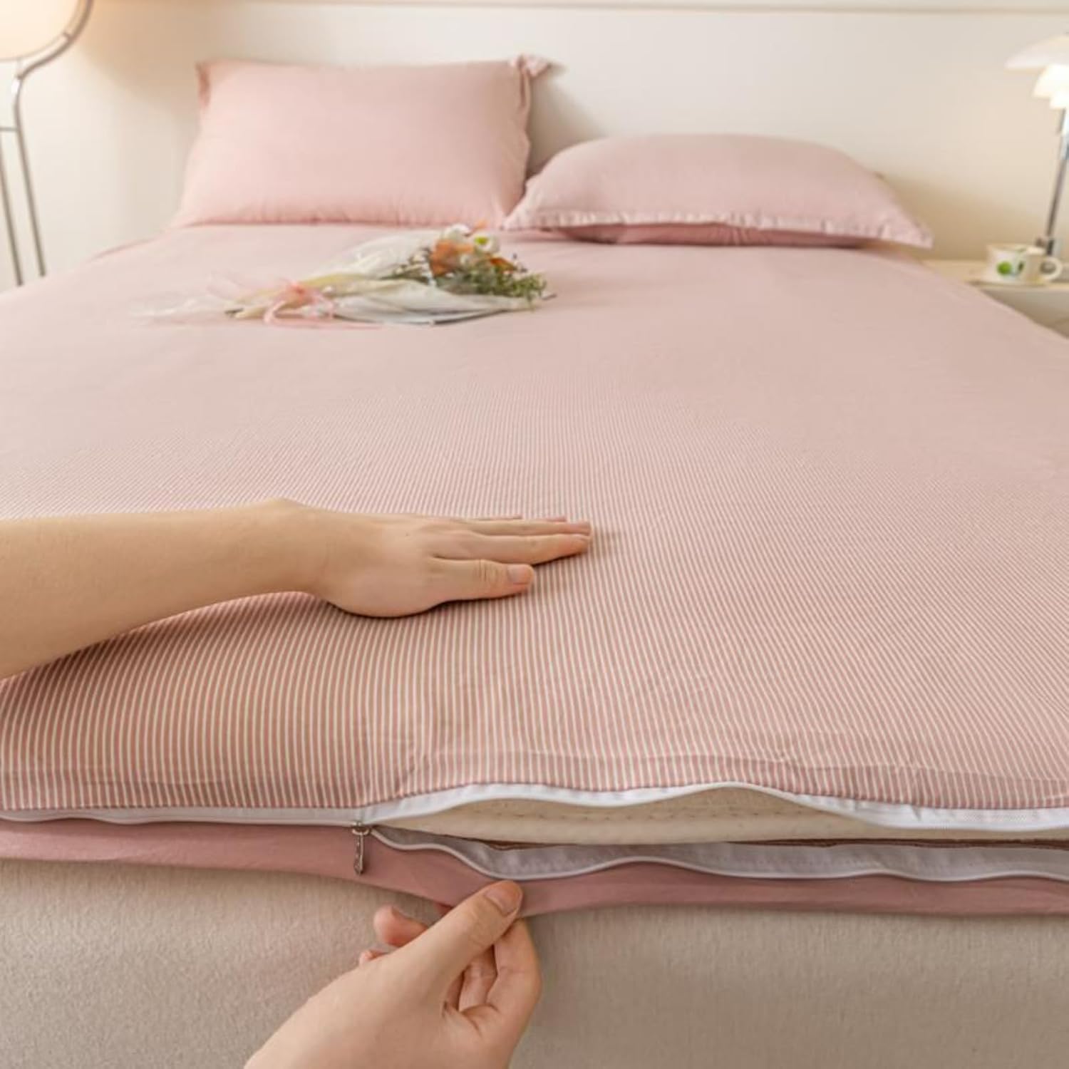 EFELIM Cotton Futon Cover King Queen Full Size, Japanese Floor Mattress With Zipper, Soft RV Futon Slipcover Washable (Pink, 180x200cm/70.8x78.7'')