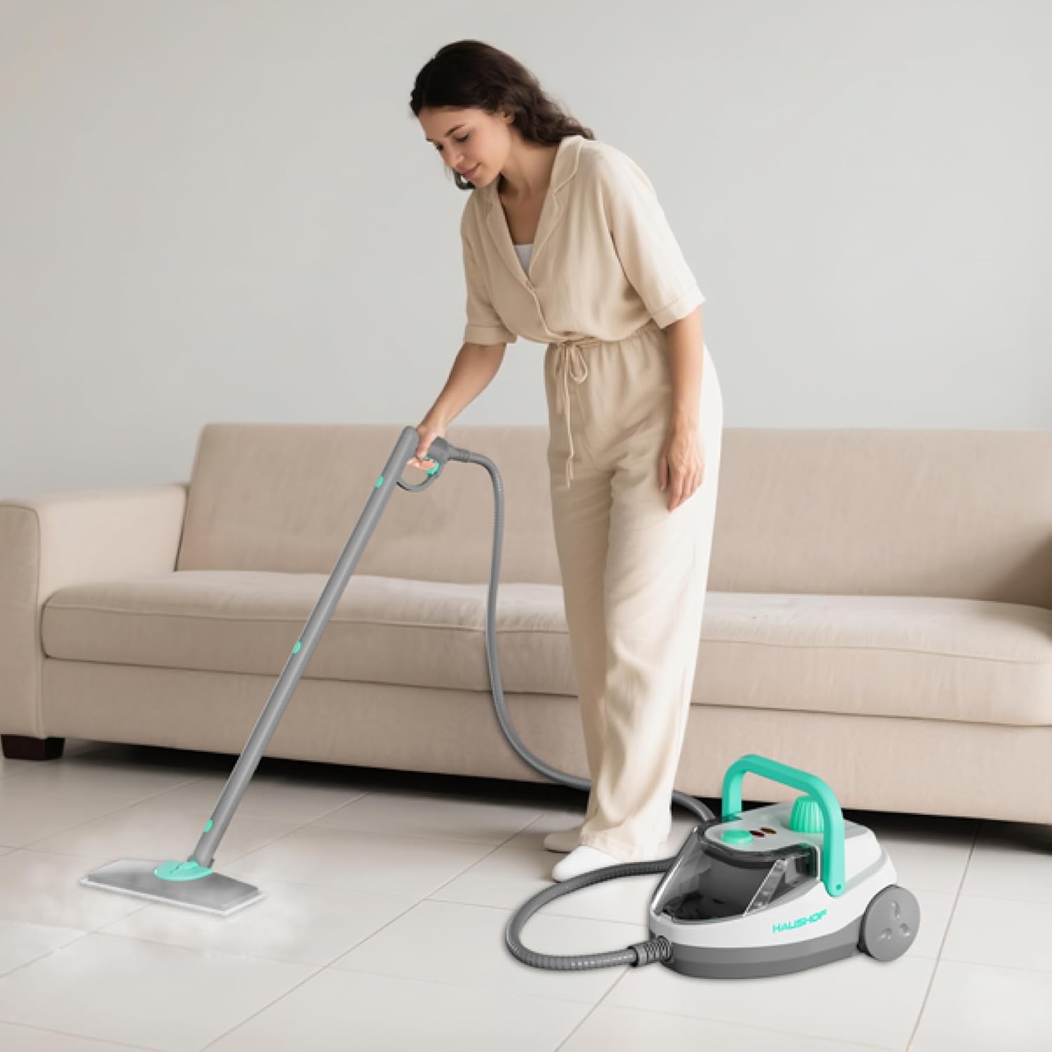 Woman using the HAUSHOF steam cleaner with the floor brush attachment on a tiled floor.