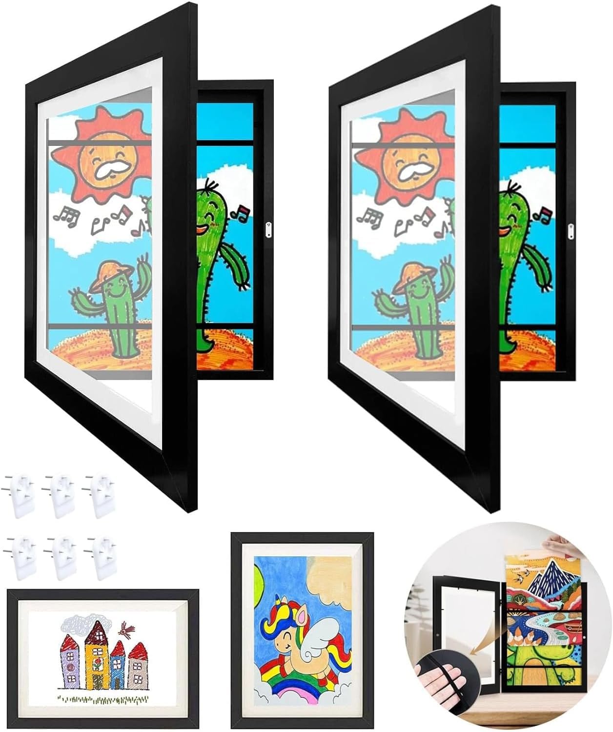 Pack of 2 Art Photo Frames for Children, A4 Hinged Wooden Picture Frame, Fillable Photo Frame for Opening, Front Opening for Artwork, Ideal for Art Projects, Children's Drawings, Home or Office, Black