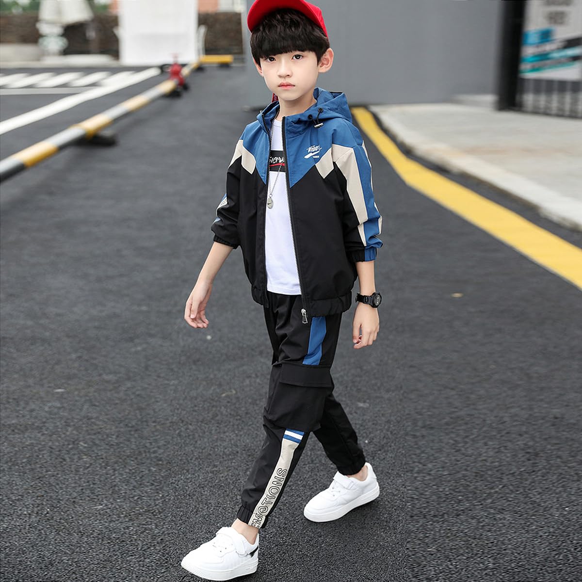 linboo Survêtement de sport pour enfant garçon - 2 pièces - Ensemble de vêtements de jogging - Combinaison de sport - Manches longues - Veste de survêtement avec capuche et pantalon de sport