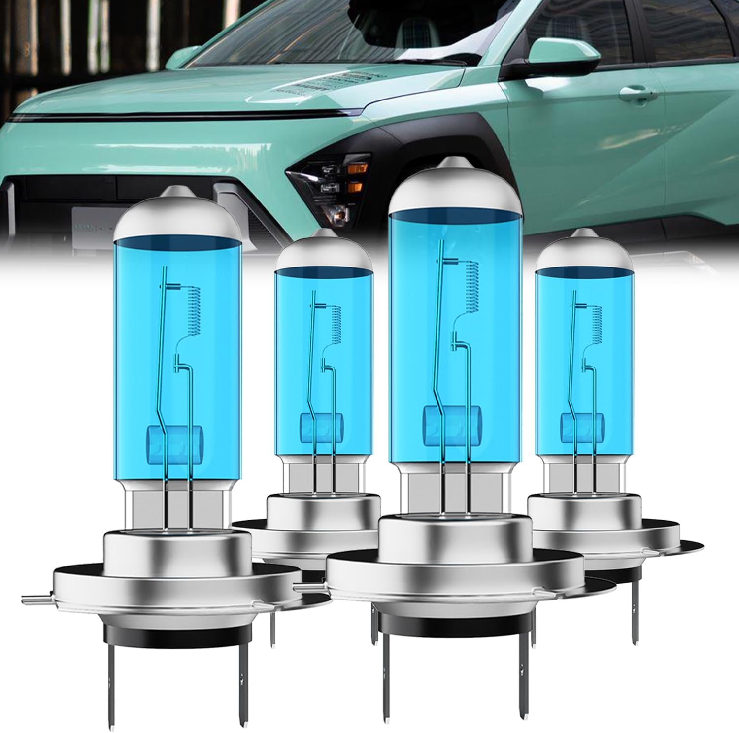 Headlight Bulbs Compatible With Hyundai Kona 2018-2021, H7 High Beam + H7 Low Beam Halogen Light Bulb Combo, Super Bright 6000K White, Plug and Play, Pack of 4