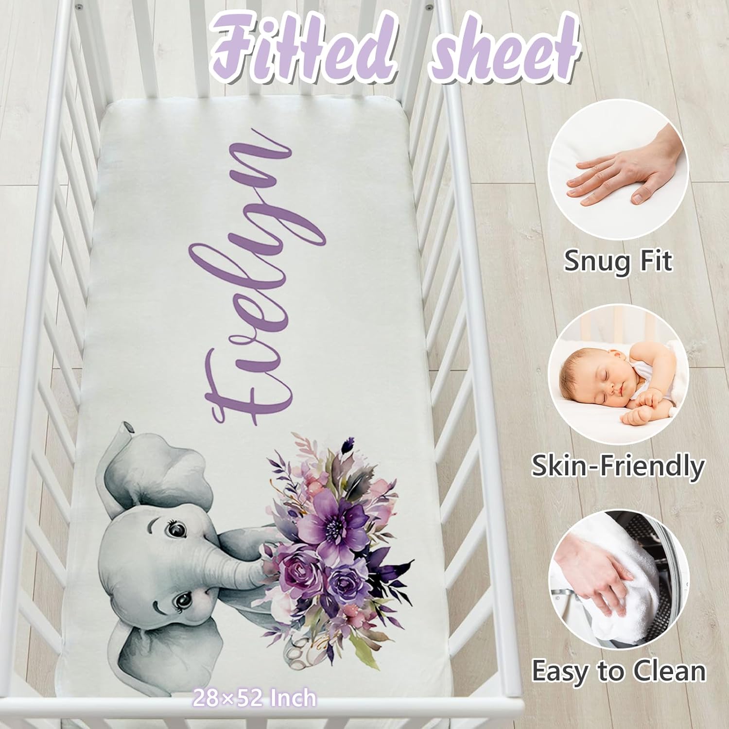 Personalized Baby Crib Bedding Set, 5 Pcs Custom Name Nursery Bedding Set for Girls Boys, Purple Elephant Baby Crib Set for Toddlers Infants, Double Layer Bedding Crib Sets Customized Gifts image 4 of 9 B0F2HSMBFR