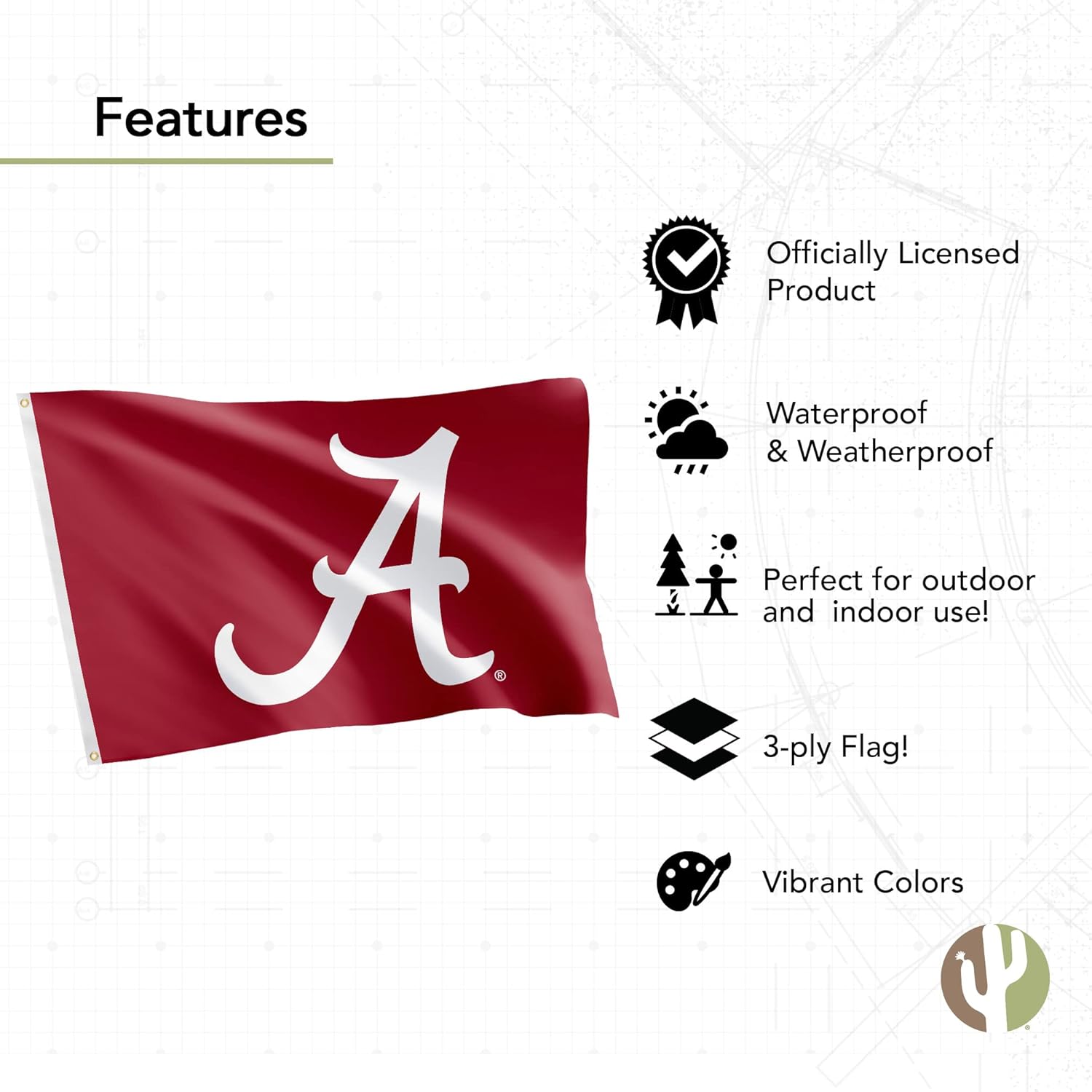 Desert Cactus University of Alabama Flag Double Sided Crimson Tide Bama UA Banners 100% Polyester Indoor Outdoor 3x5 feet Flags (Double Sided - Flag 1)