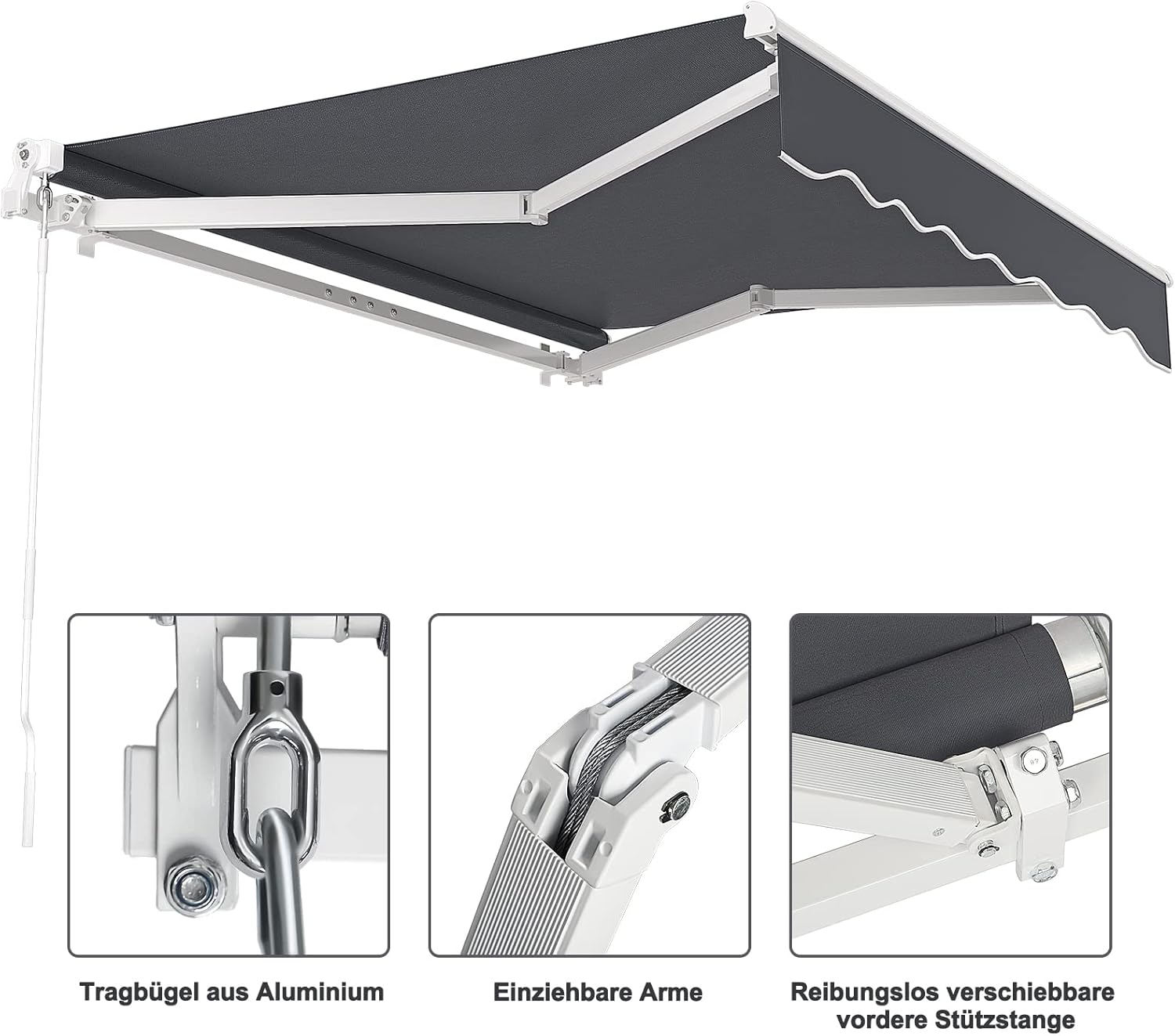Close-up of awning components: aluminum bracket, retractable arms, and front support rod
