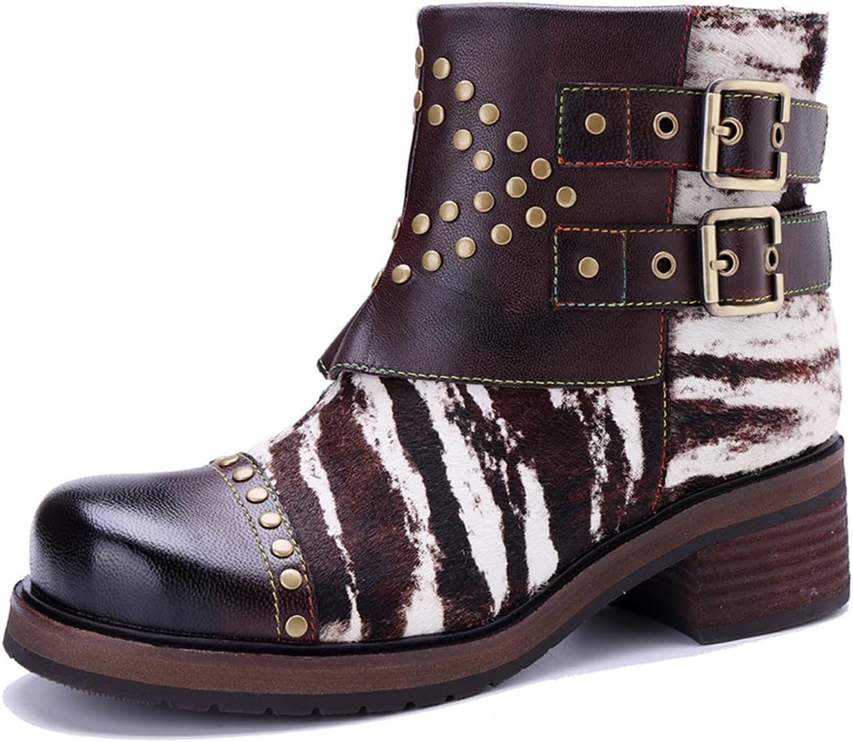 Women's Handmade Vintage Zebra Print Combat Boots Studded Straps Block Heel Punk Motorcycle Style Ankle Booties, Yly80810 Durk Brown, 6
