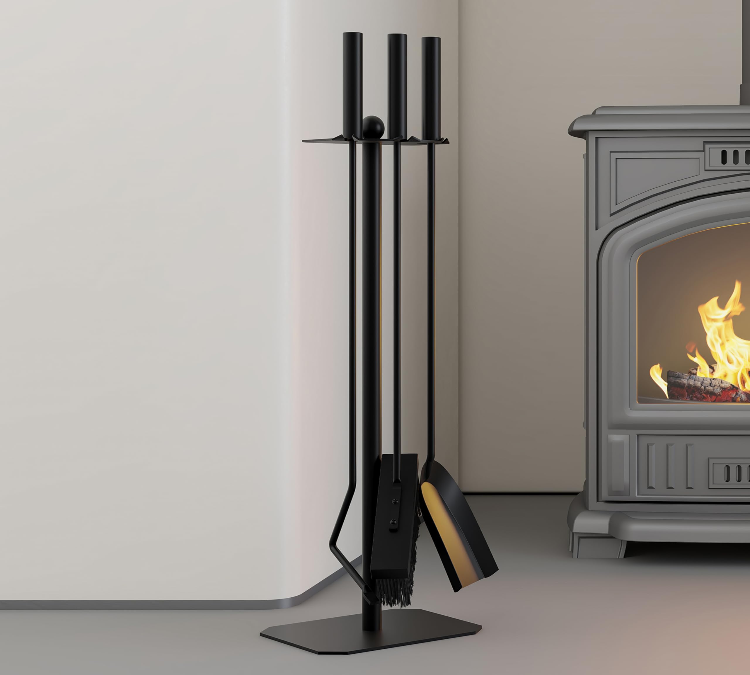 Juego de accesorios para chimenea Kingson – Juego de 3 piezas con cepillo, atizador y pala – Acero recubierto de polvo negro con detalle decorativo de bola – 57,5 cm