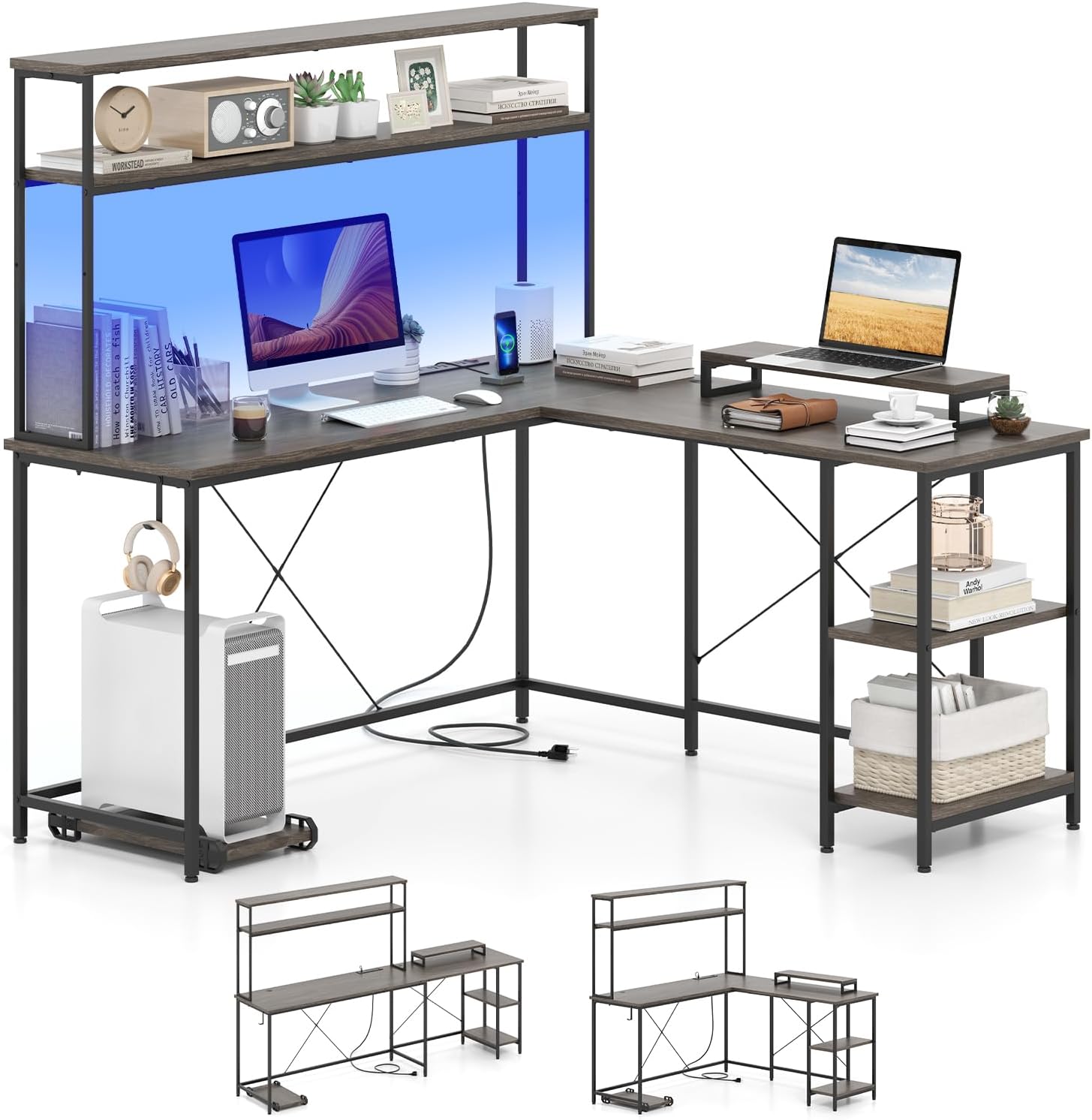 Tangkula L-Shaped Desk with LED Strip & Power Outlets, Reversible Corner Computer Desk with Hutch, Monitor Stand, CPU Stand, Storage Shelves, Headphone Hook, L-Shaped Gaming Desk (Grey)