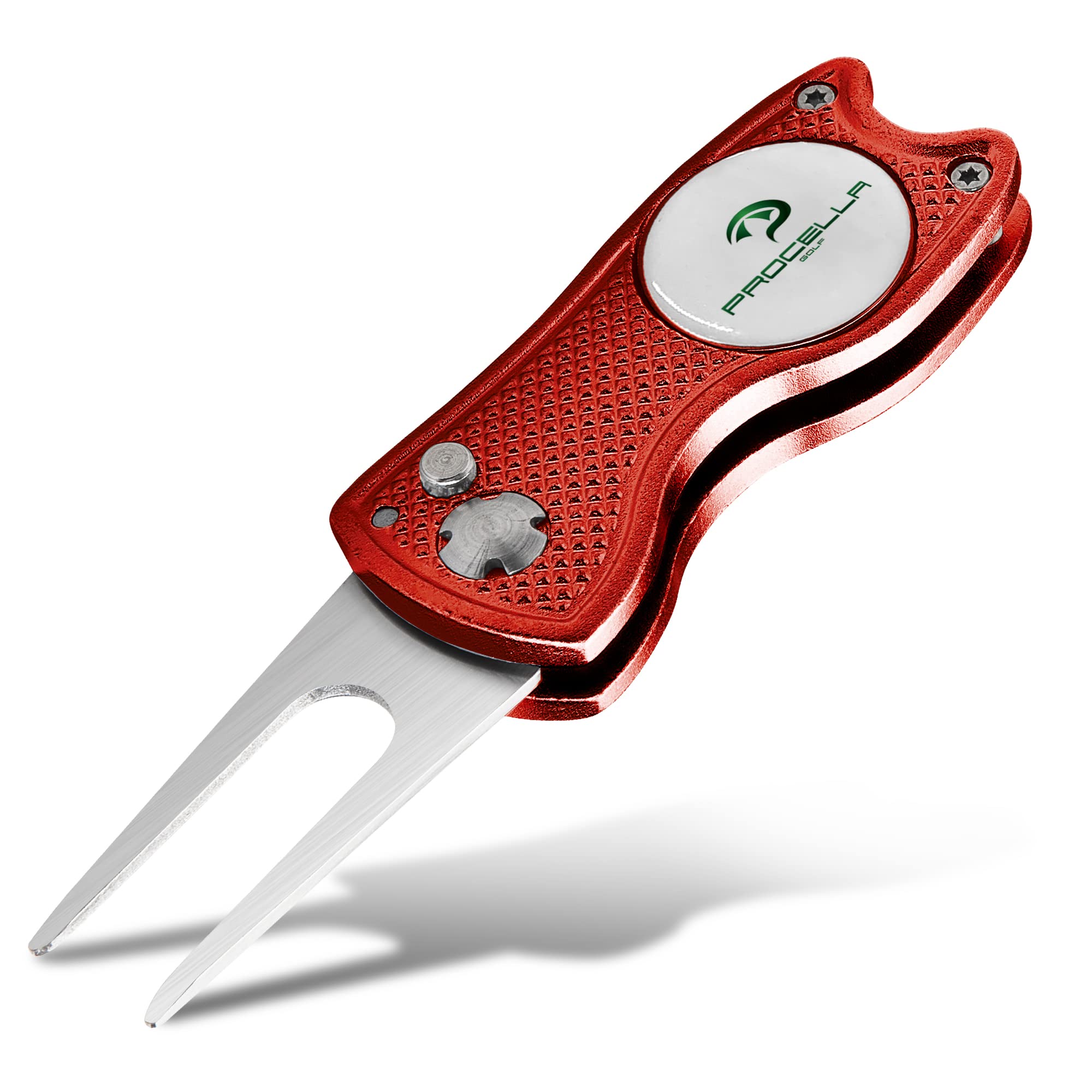 Procella Golf Divot Repair Tool with Golf Ball Marker Hat Clip | Solid Metal Switchblade Knife Style Divot Tool | Multi-Tool | Best Golf Accessories for Men and Women