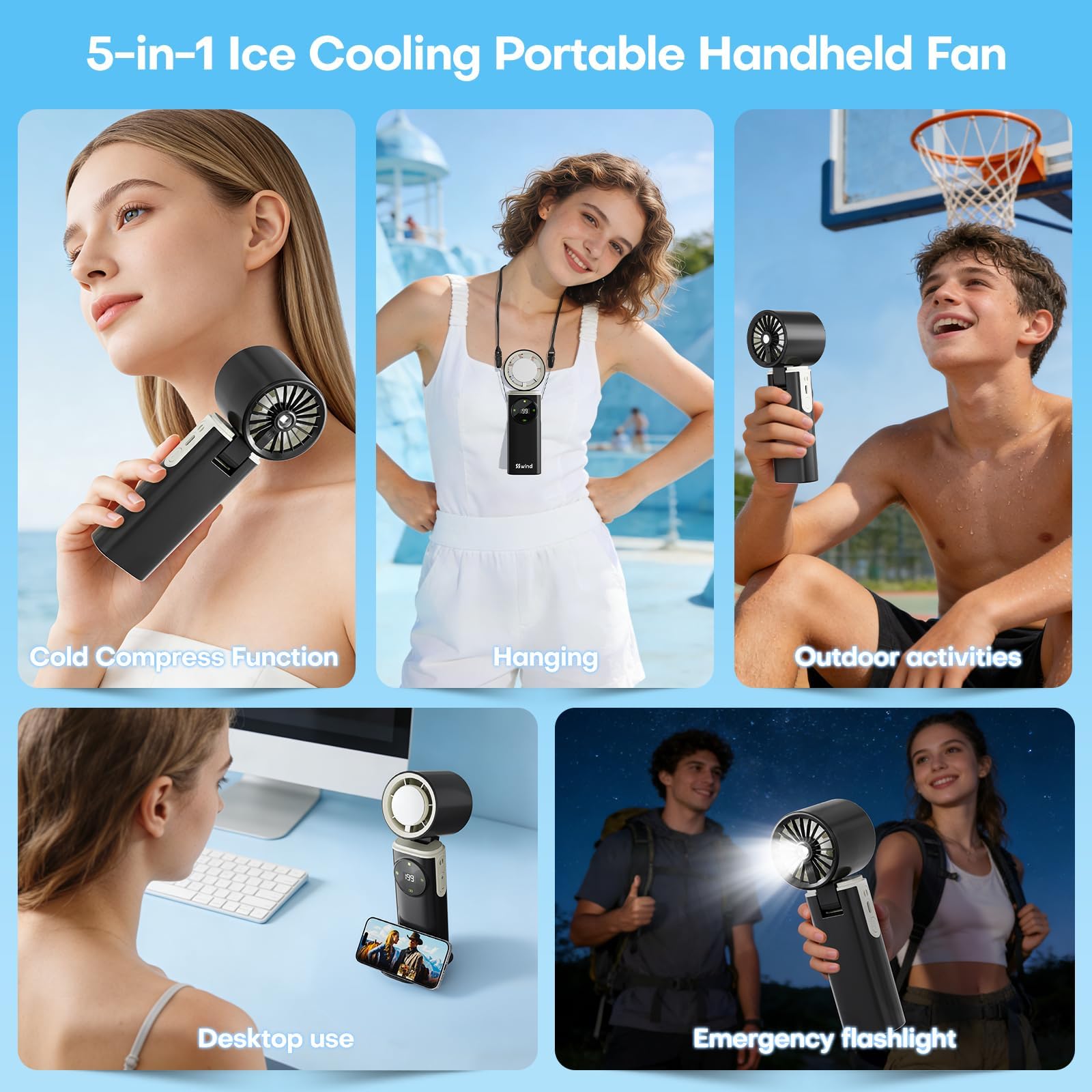 Ventilatore portatile portatile da 6000 mAh con raffreddamento a ghiaccio, 199 livelli di velocità continua, durata della batteria lunga 20 ore, mini ventilatore portatile ricaricabile da 20000